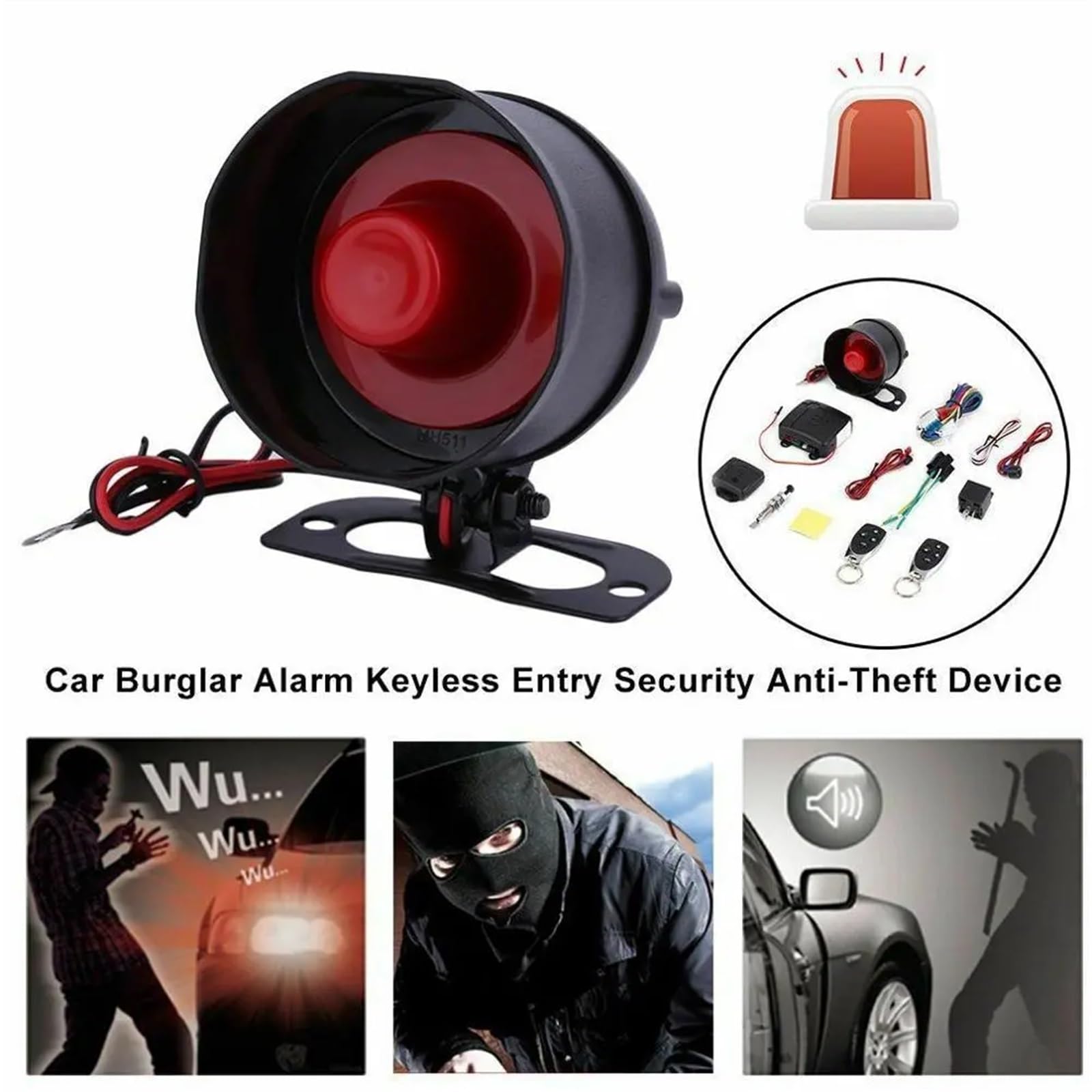 Sistema de Alarma Universal for Coche 1 vía, Sistema Seguridad protección, Sirena Entrada sin Llave, 2 alarmas antirrobo con Control Remoto
