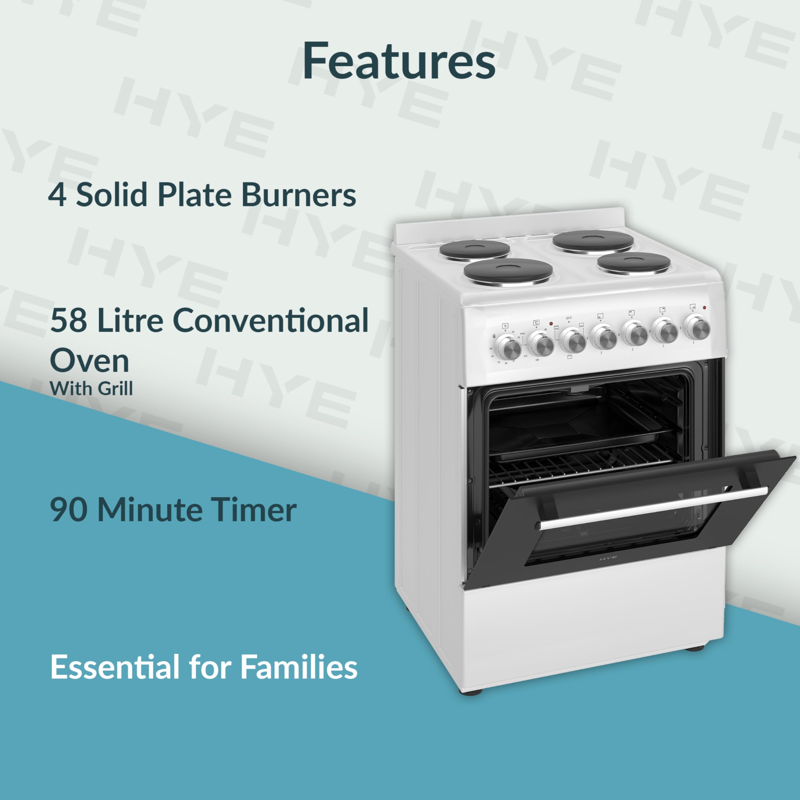 HYE Cooker - Electric Cooker, 4 Hotplates, 62L Electric Oven, A-Rated Energy Efficiency, 60cm Width, Freestanding Design, White, Ideal For Family Homes - C01FS60E17W — view 5