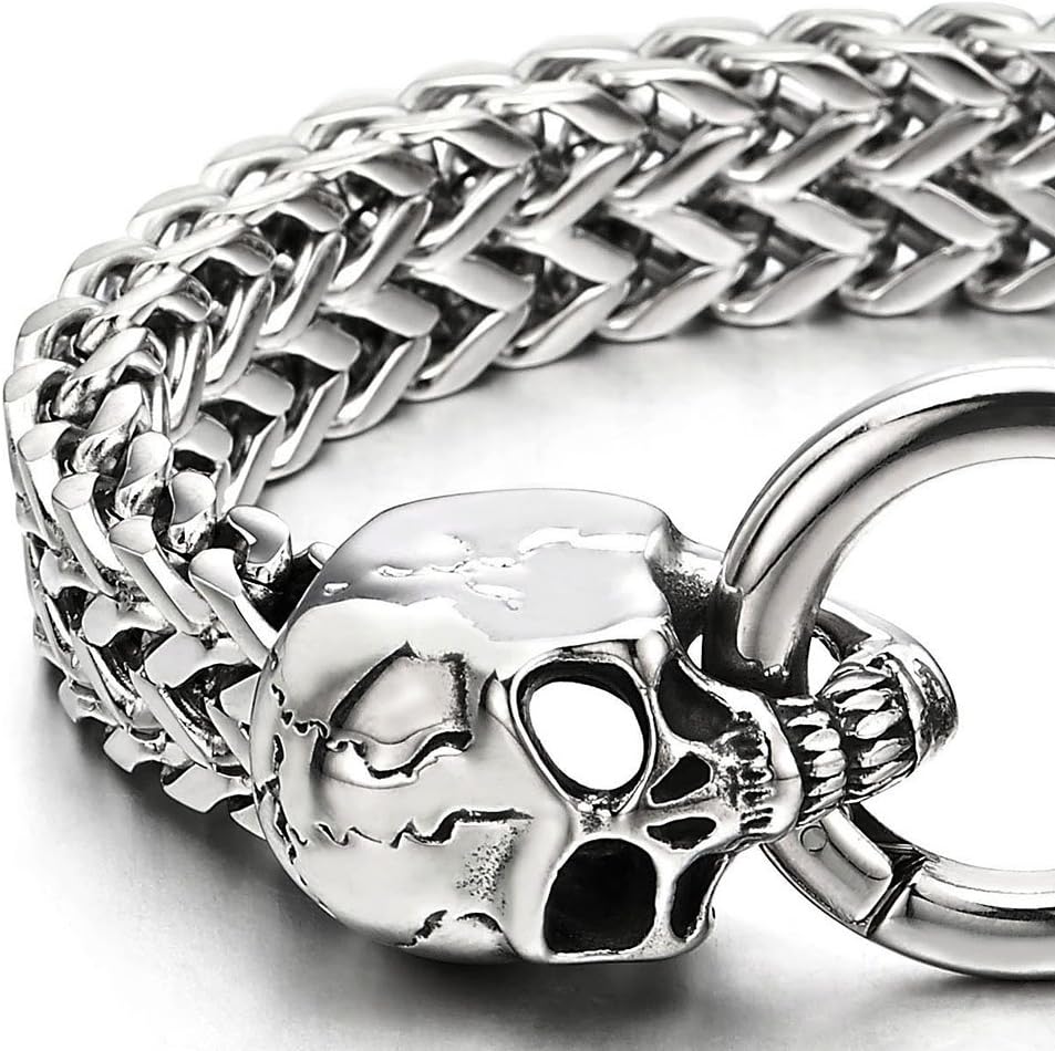 COOLSTEELANDBEYOND Gothic Mens Stainless Steel Skull Franco Link Curb Chain Bracelet with Spring Ring Clasp - Image 4