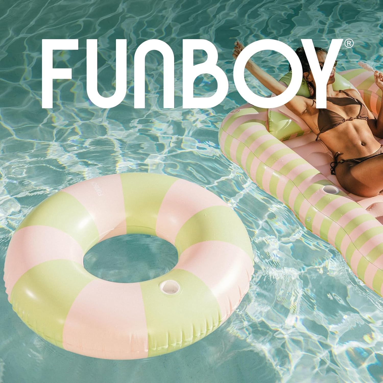 FUNBOY Giant Pink & Green Stripe Inflatable Pool Float with Cup Holder, 48" Adult Inner Tube Swim Ring Pool Lounger
