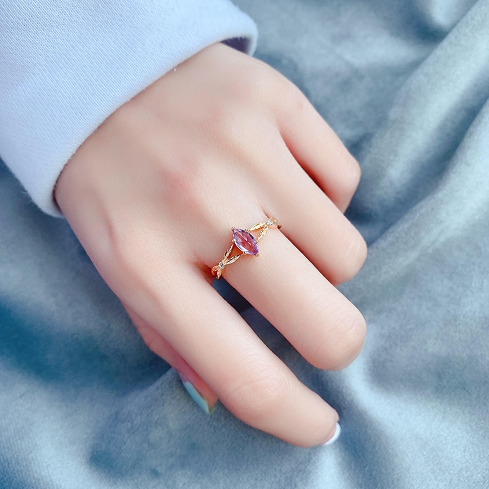 Gelbgold Au 375/585/750 Hochzeitsband mit Marquise Lila Amethyst in 6 Klaue-Fassung Gr.47-65