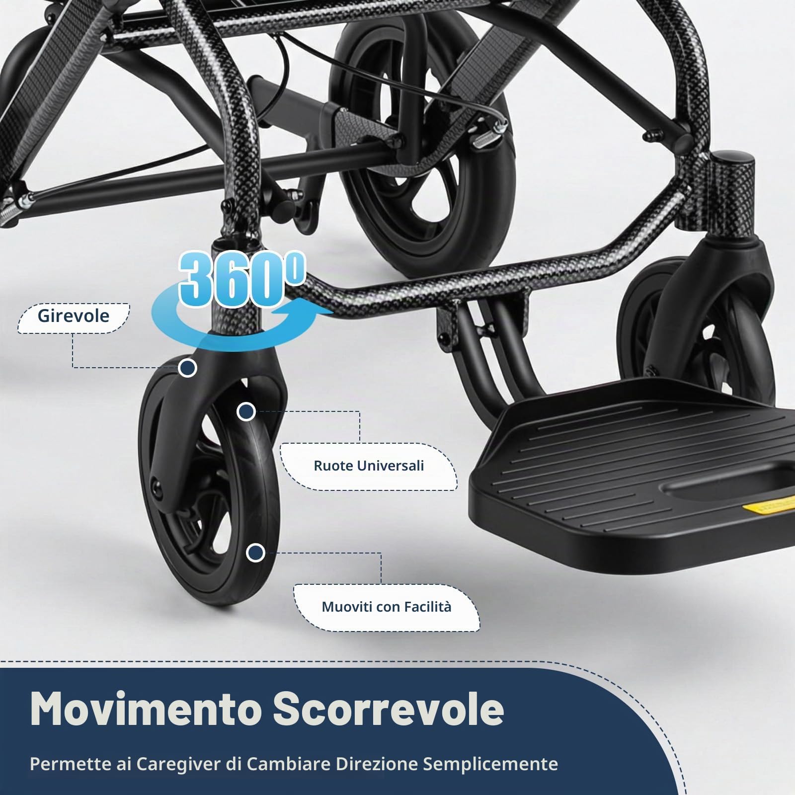 Sedia a rotelle pieghevole in alluminio, portata 130 kg, schienale regolabile da 90 ° a 175°, poggiatesta, braccioli a 360° per anziani