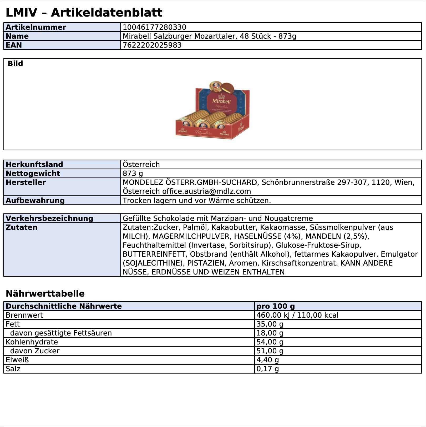 Mirabell Mozarttaler – 48 Stück (873 g) – Feine Pralinen mit Pistazien-, Haselnuss- und Mandelnougatfüllung (48er, 873g)