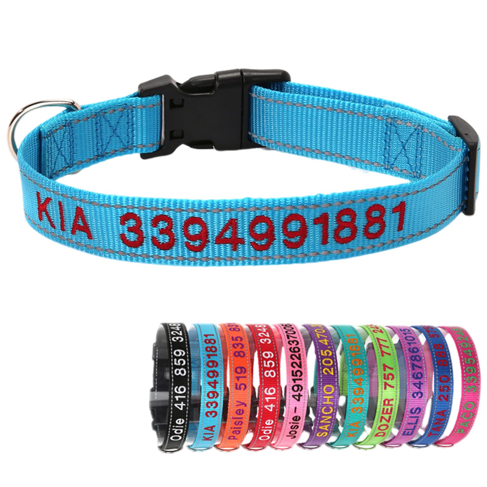 Yonsbox Blue Reflective Custom Personalised Dog Collar Embroidered with Name Phone Number Quick Release Buckle for Boy Girl Small Medium Large Dogs