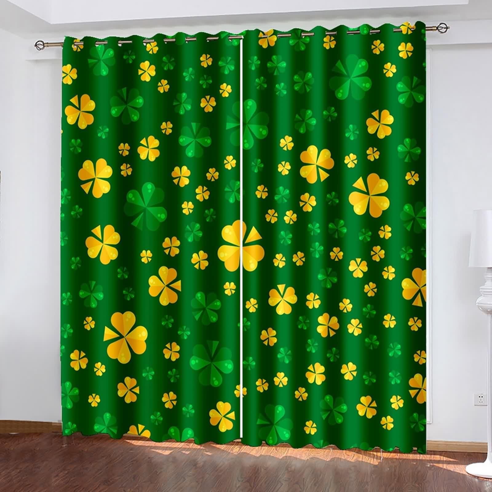 Verdunklungsvorhänge Wohnzimmer, Gardinenstoff Vintage Gelbgrün Polyester Kleeblätter Vorhänge 2er Set B 86 x H 229 cm