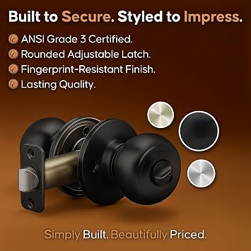Copper Creek Colonial Privacy Interior Door Knob ANSI Grade-3 Certified, Modern Heavy Duty Handle, Easy Install and Reversible for Bedroom, Bathroom and Closets Matte Black (1 Pack)