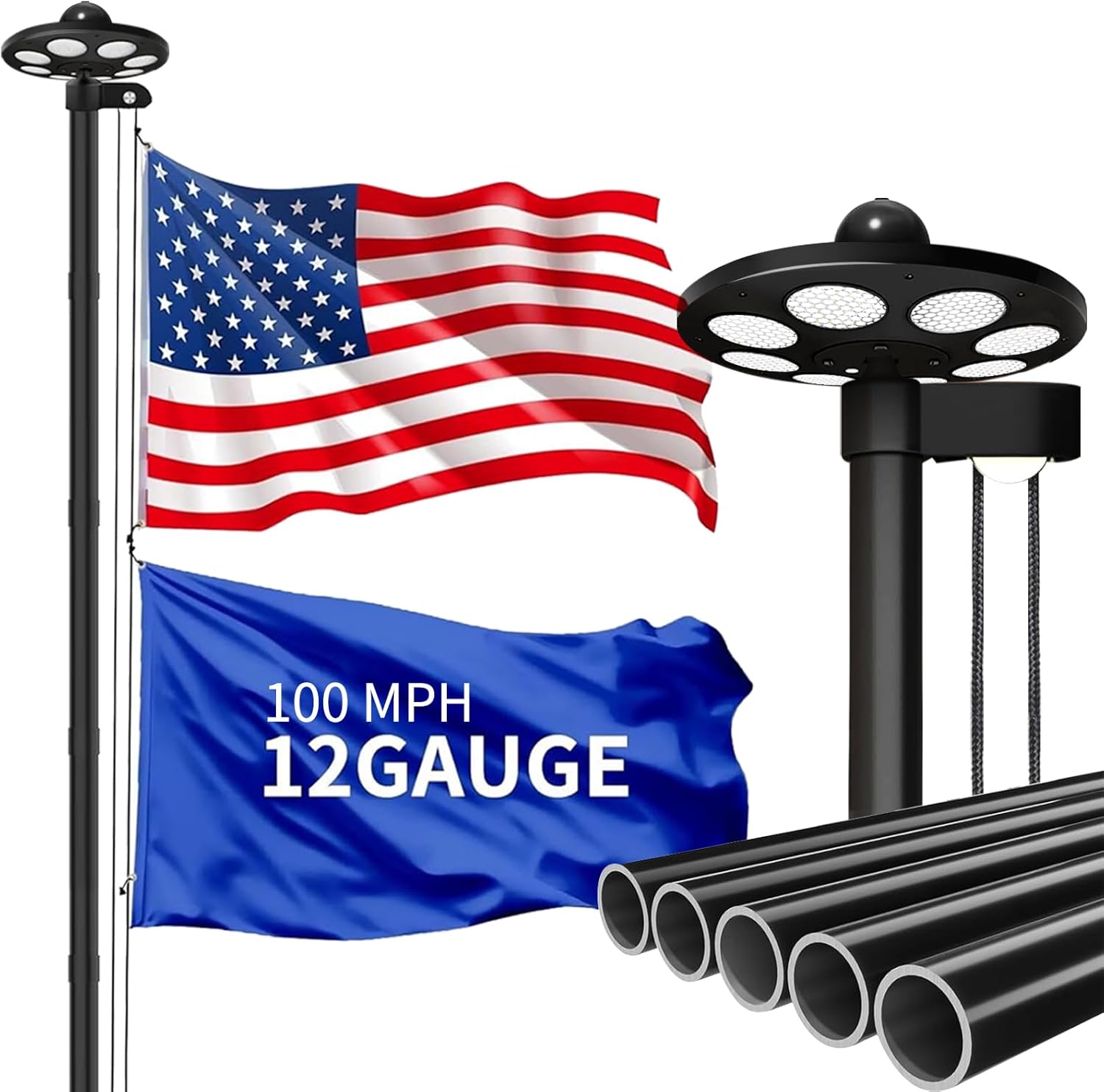 MXQMKL 20FT Heavy Duty Solar Flag Pole Kit,12 Gauge Flag Pole for Outside House Thick Aluminum Flagpole with 136 LED Light & 3x5 American Flag for Outside Ip67 Waterproof,Black