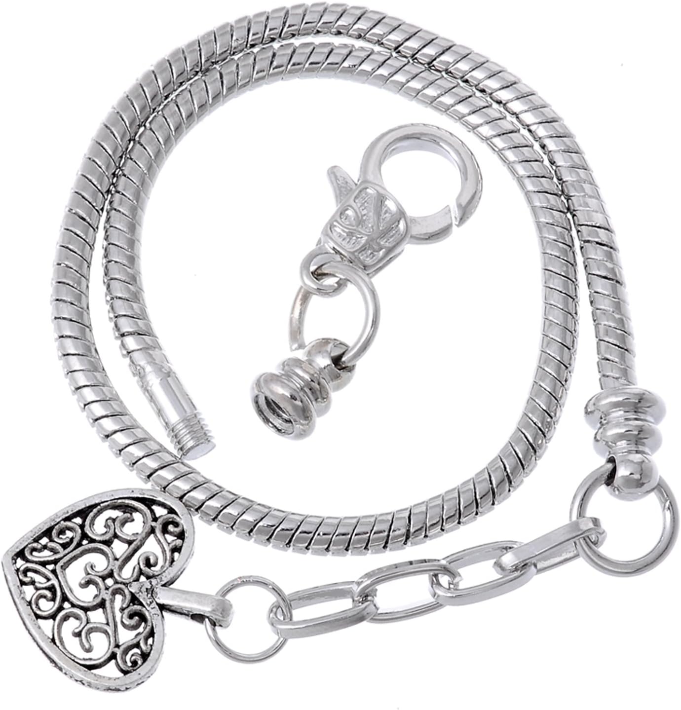 RUBYCA 5pcs 7.9" Lobster Clasp Heart Pendant Bead Snake Chain European Charm Bracelet Silver Tone