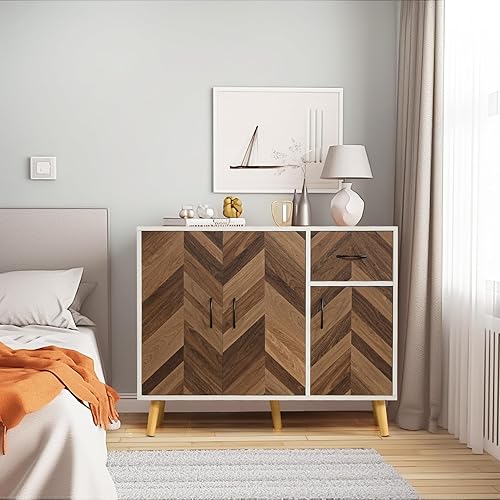 Miniatura 8 de SIHANM Armario de almacenamiento vintage marrón de 2 puertas, gabinete de acento de mediados de siglo, aparador independiente con estantes, gabinete
