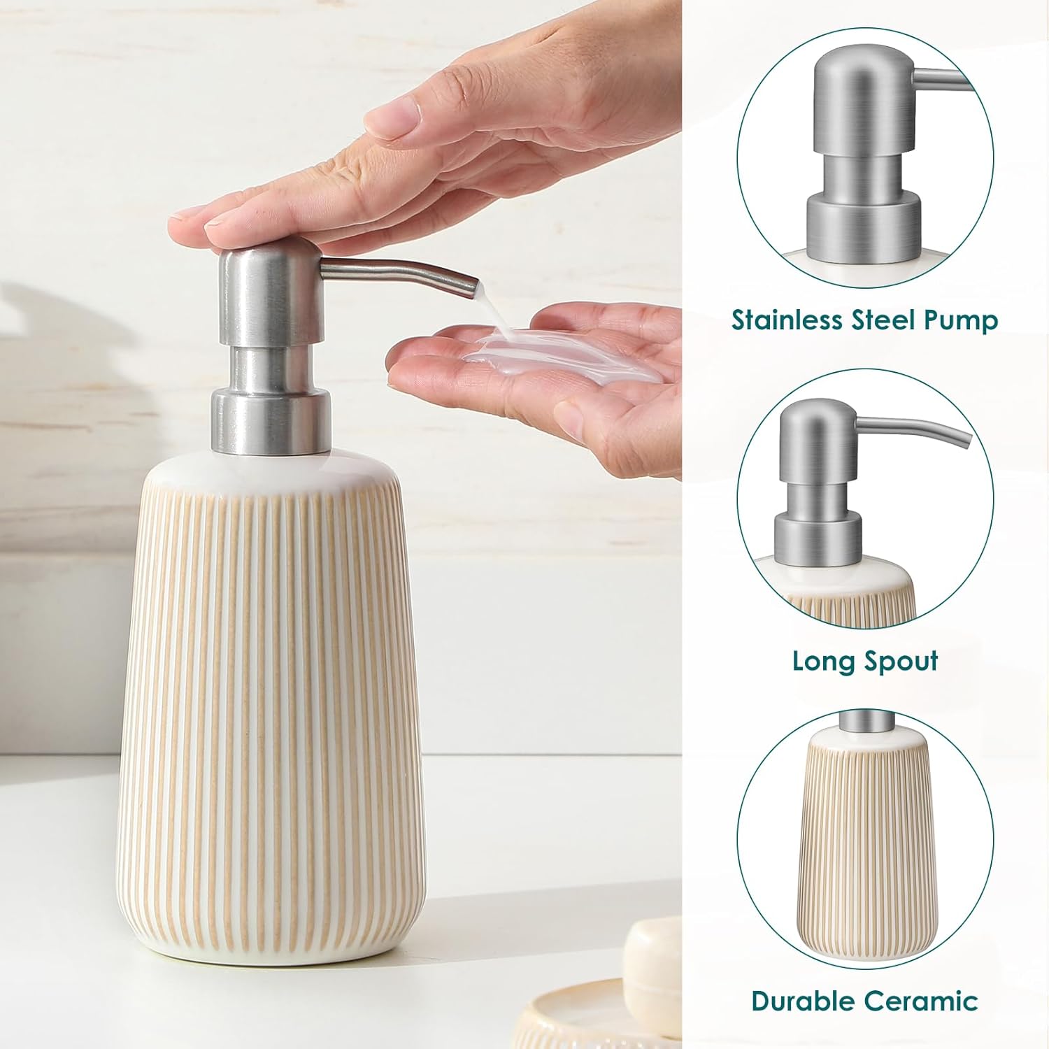 vancasso セラミックバスルームアクセサリーセット4ピース、ステンレススチールポンプ付きソープディスペンサー、歯ブラシホルダー