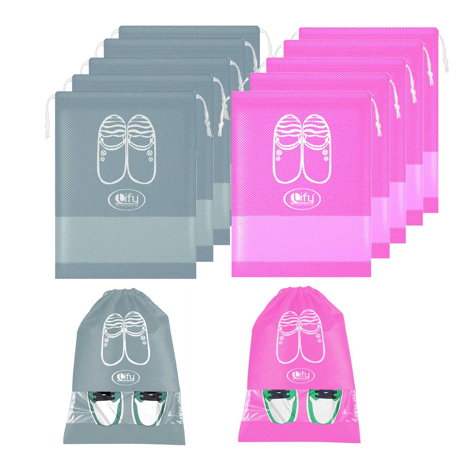 Lify Travel Shoe Bags, Portable Travel Shoe Tote Bags - Packing Organizers for Men and Women- Light Grey (6 Pcs) + Pink (6 Pcs) - 12 Piece Pack