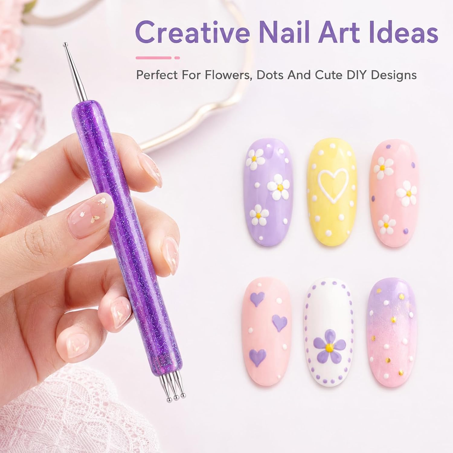 3PCS Dual-End Nail Dotting Tools, 1&5 Petal Flower Dotting Tools
