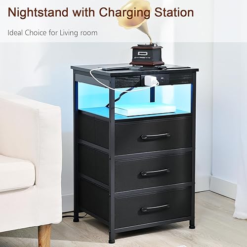 Miniatura 6 de Juego de 2 mesitas de noche LED con estación de carga, mesas auxiliares con puerto USB C y tomas, mesita de noche con 3 cajones de tela de