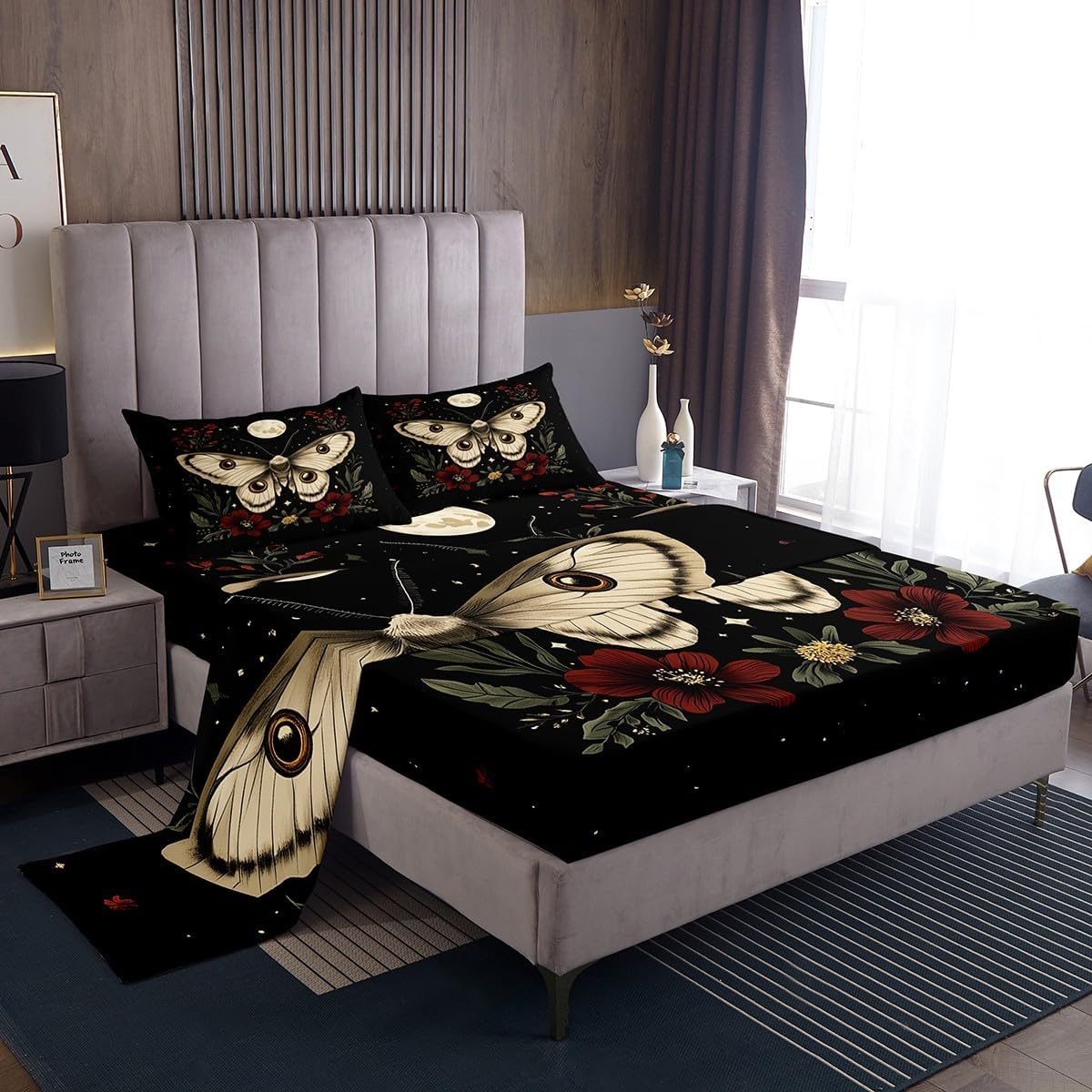 jejeloiu Butterfly Bed Sheets Set Twin Size Death Moth Bed Set for Kids Boys Girls Boho Moth Deep Pocket Fitted Sheet Gothic Breathable Soft Lightweight Microfiber