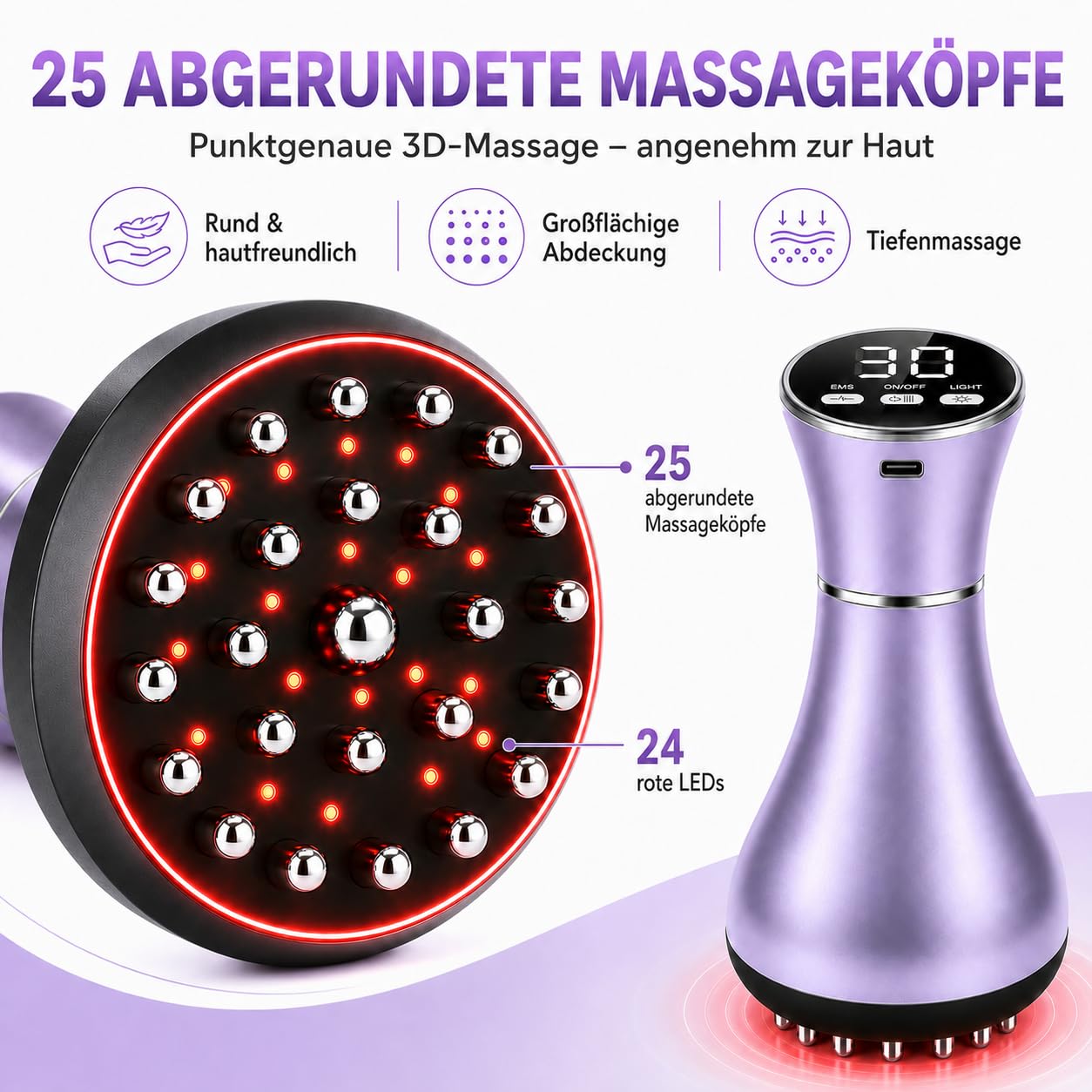 4-in-1 Lymphatic Massagegerät & Anti Cellulite Massagegerät Elektrisch mit 30 EMS-Stufen, Rotlicht, Wärme & Vibration, Handgehaltenes Cellulite Gerät für Bauch, Taille, Rücken, Arme & Beine