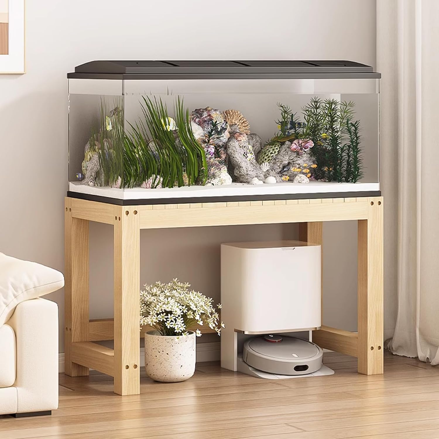 LINLIUA 55-75 Gallon Fish Tank Stand, Wooden Aquarium Stand, Heavy Duty Sturdy Reptile Stand for Turtle Tank, Reptile Terrarium, Easy to Clean, Easy to Install Charcoal-color 59.1''*19.7''*19.7''