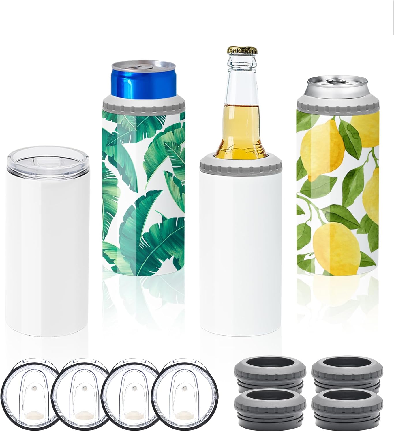 OFFNOVA 16oz Sublimation Can Cooler, 4-in-1 Sublimation Blanks Can Insulated White Stainless Steel Skinny Sublimation Tumbler, Beer Can Cooler