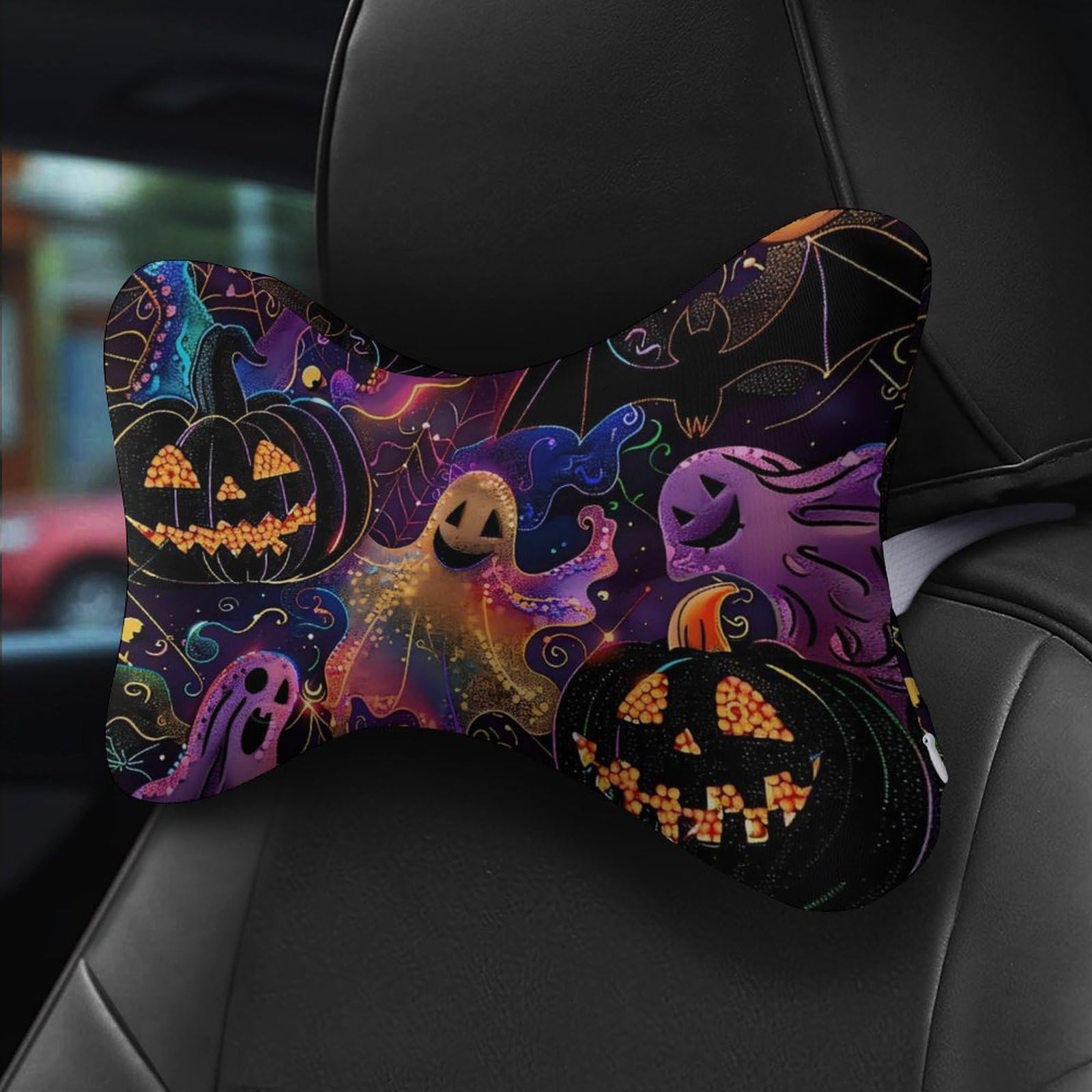 SMAZDFXX Neon Ghosts Pumpkins Head Car Neck Pillow Set of 2 Car Seat Head Support Cushion Bone Pillows with Elastic Strap