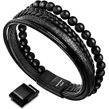 New Mens Bracelet Bead and Leather Braided, Lava and Onyx Bead Leather Bracelet for Men