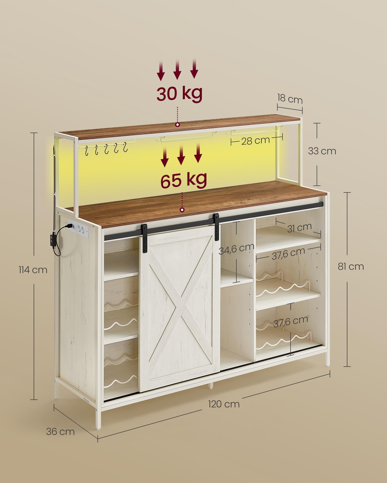 VASAGLE Barschrank, Weinschrank mit Steckdosenleiste, Sideboard mit sprachgesteuerter LED-Beleuchtung, Schiebetüren, S-Haken, Weinglashalter, Flaschenhalter, vintageweiß-honigbraun LSC201WJ02