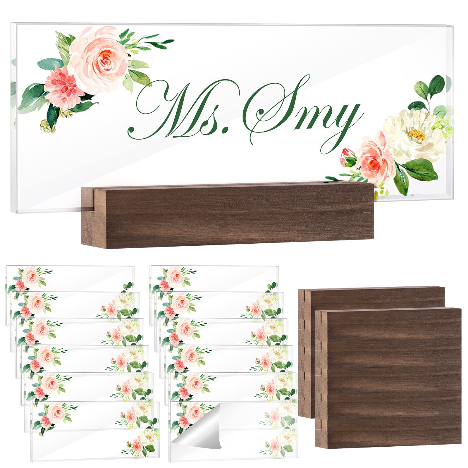 Yulejo 12 Pieces Name Plates for Desk DIY Acrylic Name Plaque Sign with Wooden Stand Teacher Nurse Name Plate Nameplate for Woman Home Office Desk Decor