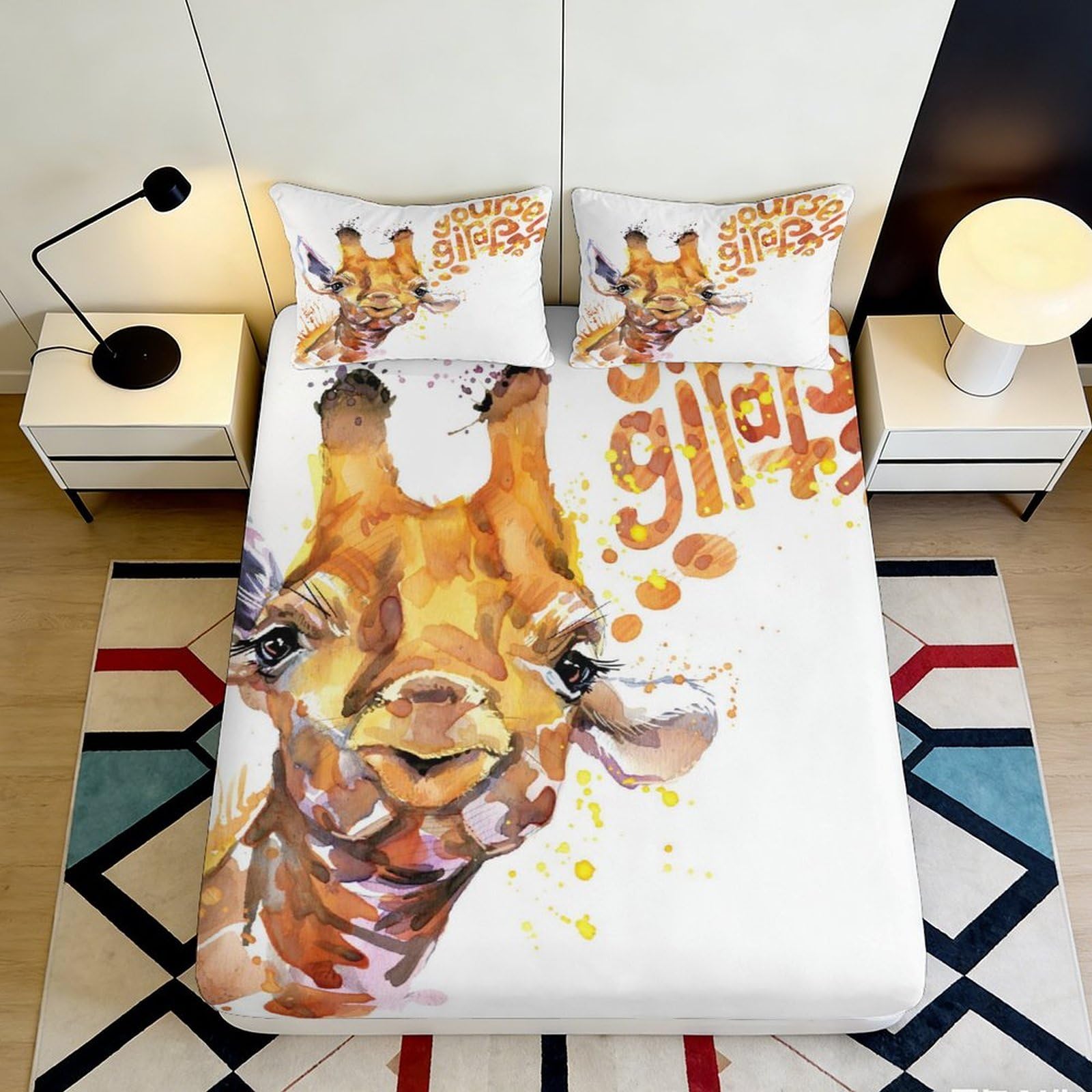 3D Printed Giraffe Watercolor Fitted Sheet Microfiber Soft Non Slip Bed Sheet for Bedroom Guestroom Mattress Decor 90x200x25cm