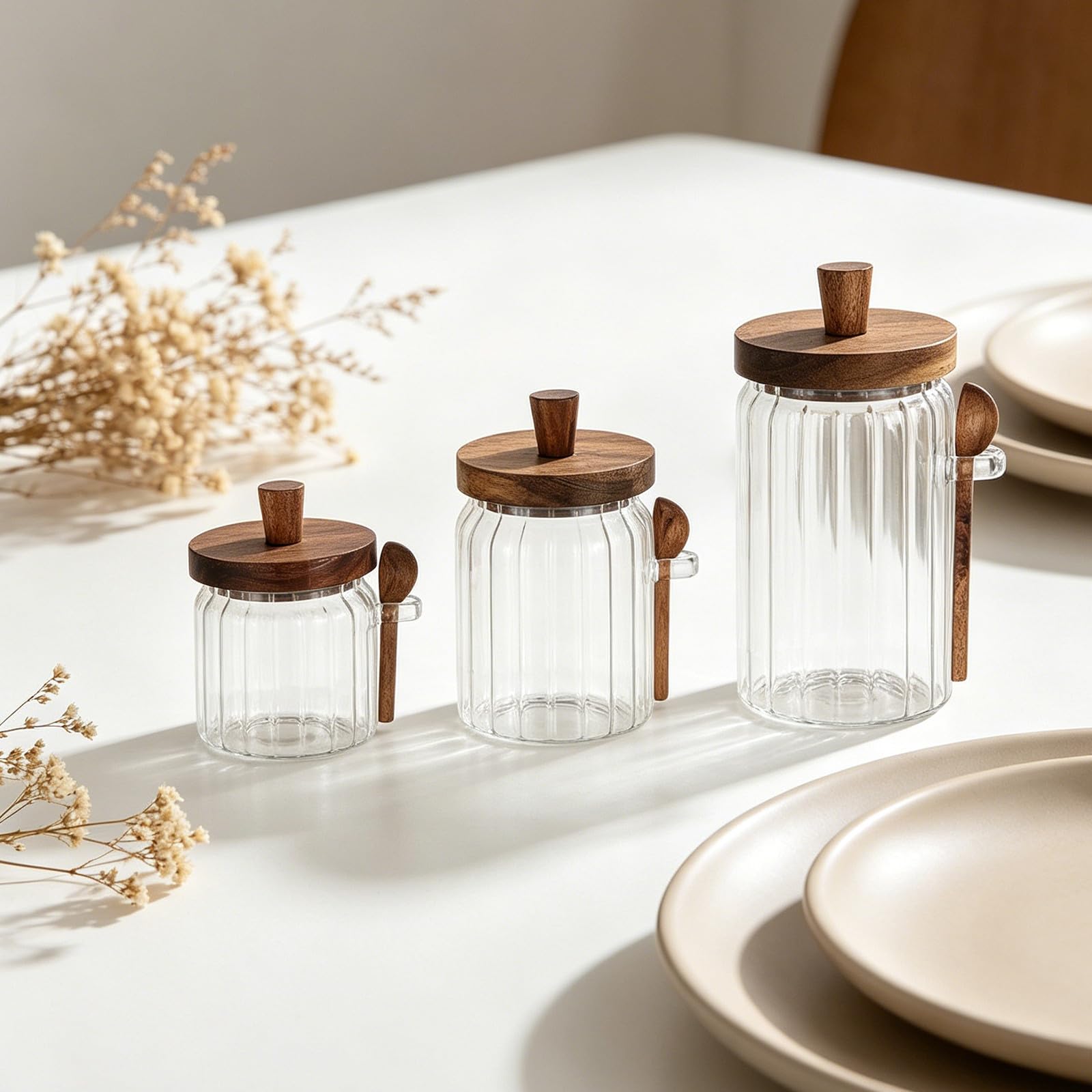 3 Set Barattolo per Spezie in Vetro Trasparente con Coperchio in Legno e Cucchiaio Integrato, Capacità 700ml, Chiusura Ermetica senza Cuciture per Conservare Spezie in Cucina