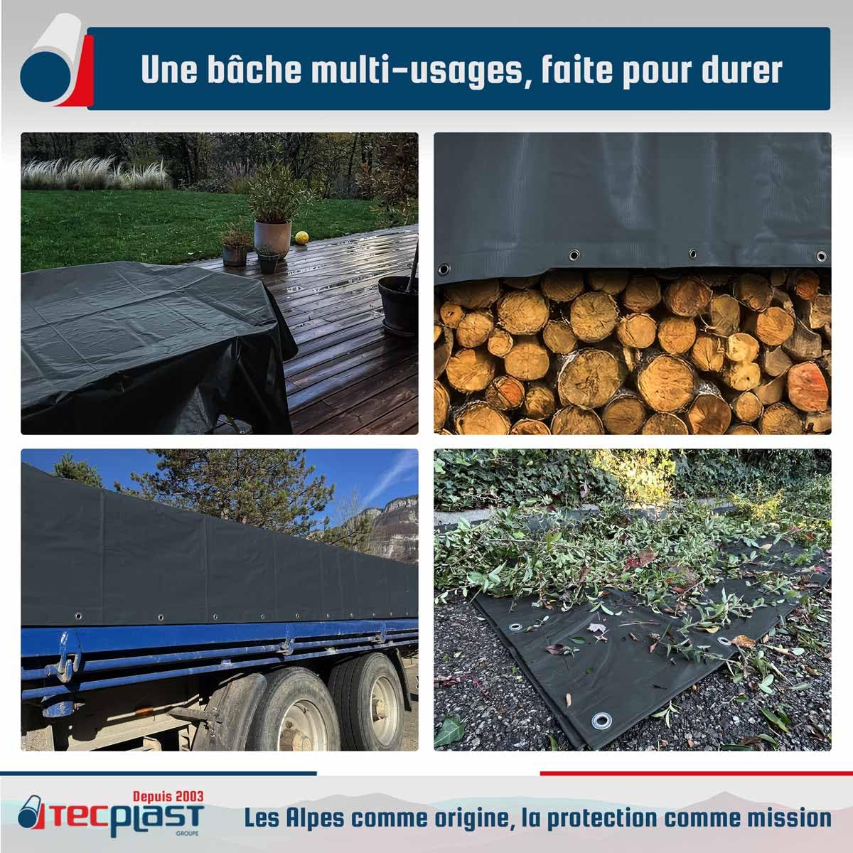 TECPLAST Bâche PVC 2x3 m Gris Anthracite - Garantie 5 Ans - LP506MU - Bâche de Protection étanche - Résistance Anti-UV