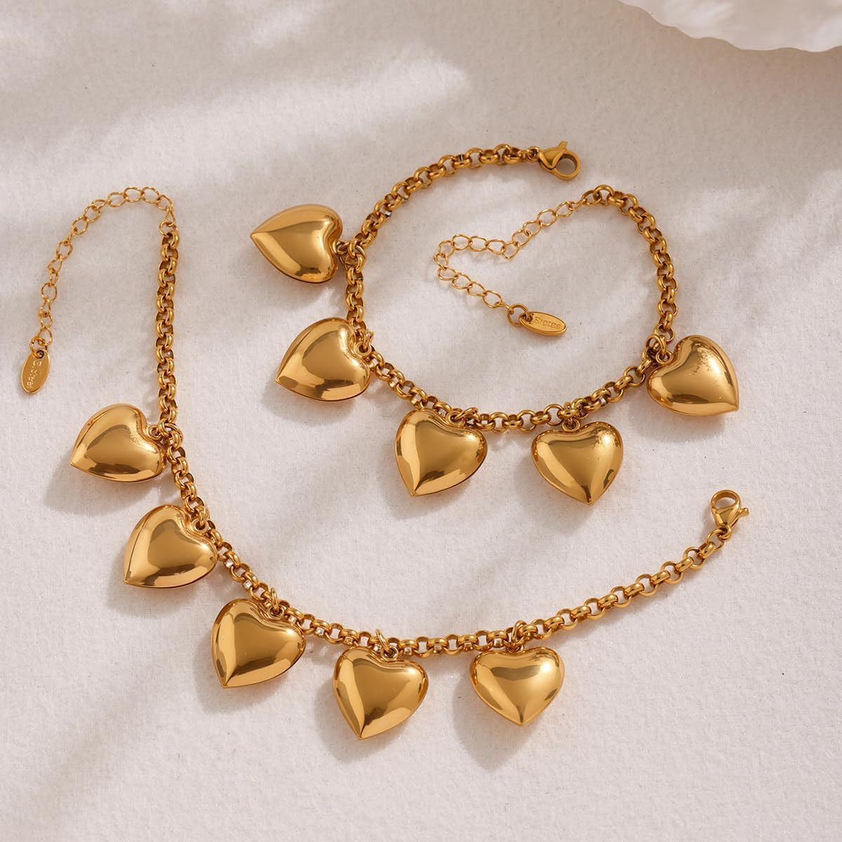 Kokoma Gold-Tone Heart Charm Bracelet for Women, Stainless Steel Link Chain Chunky 5 Heart Pendants Tassel Dangling Bracelet Valentine Jewelry - Image 4