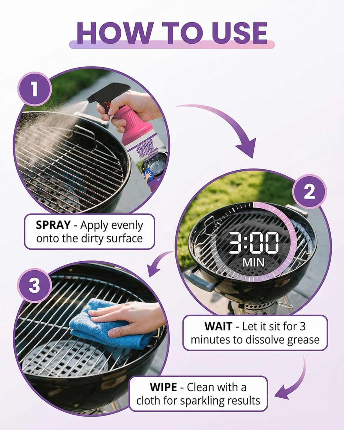 Heavy Duty Bbq Grill Degreaser, spray sgrassante ad azione rapida ad alte prestazioni, potente detergente per griglie bruciate e residui di cibo per griglie, forni, padelle, acciaio inox (3 pezzi)