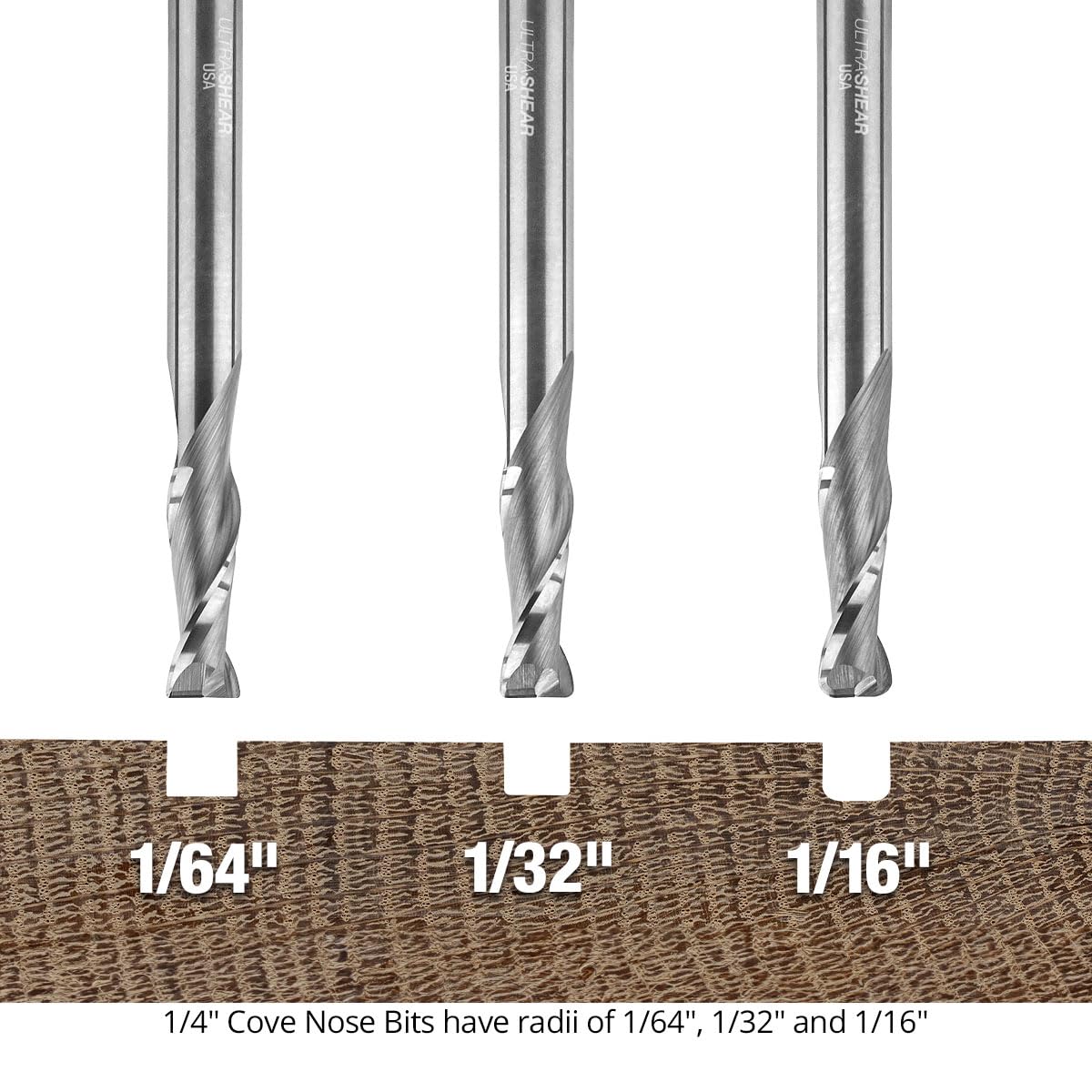 US2CNSET-3PC - Punte per fresa a spirale, raggio angolare, set con gambo da 0,6 cm, in carburo solido, 2 FL, prodotte negli Stati Uniti, fondo piatto e parete laterale liscia