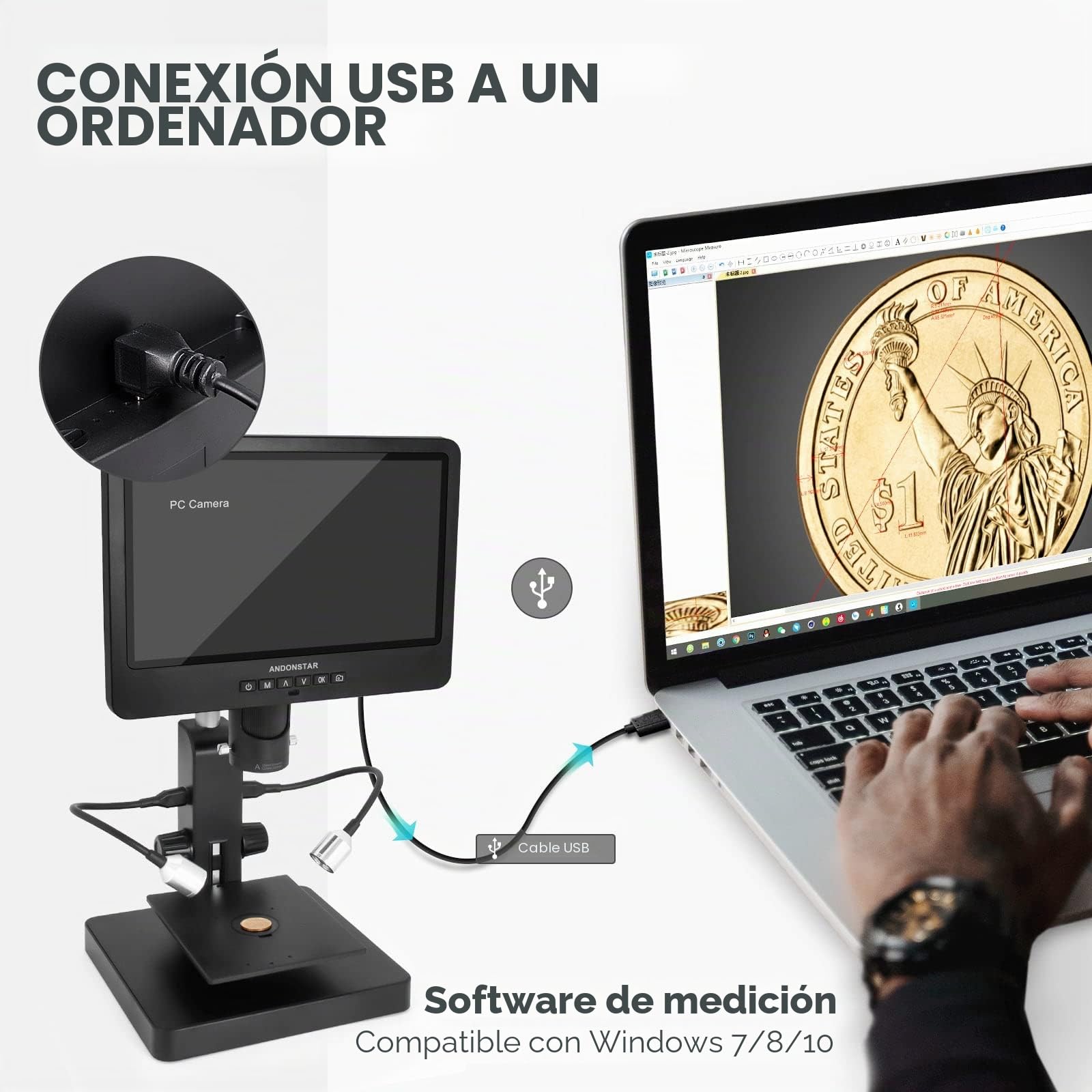 Andonstar AD249S Microscopio Digital HDMI con Pantalla de 10 Pulgadas, microscopio biológico de Tres Lentes 4000X, Kit de microscopio de Monedas para niños y Adultos, grabación de Foto/Video