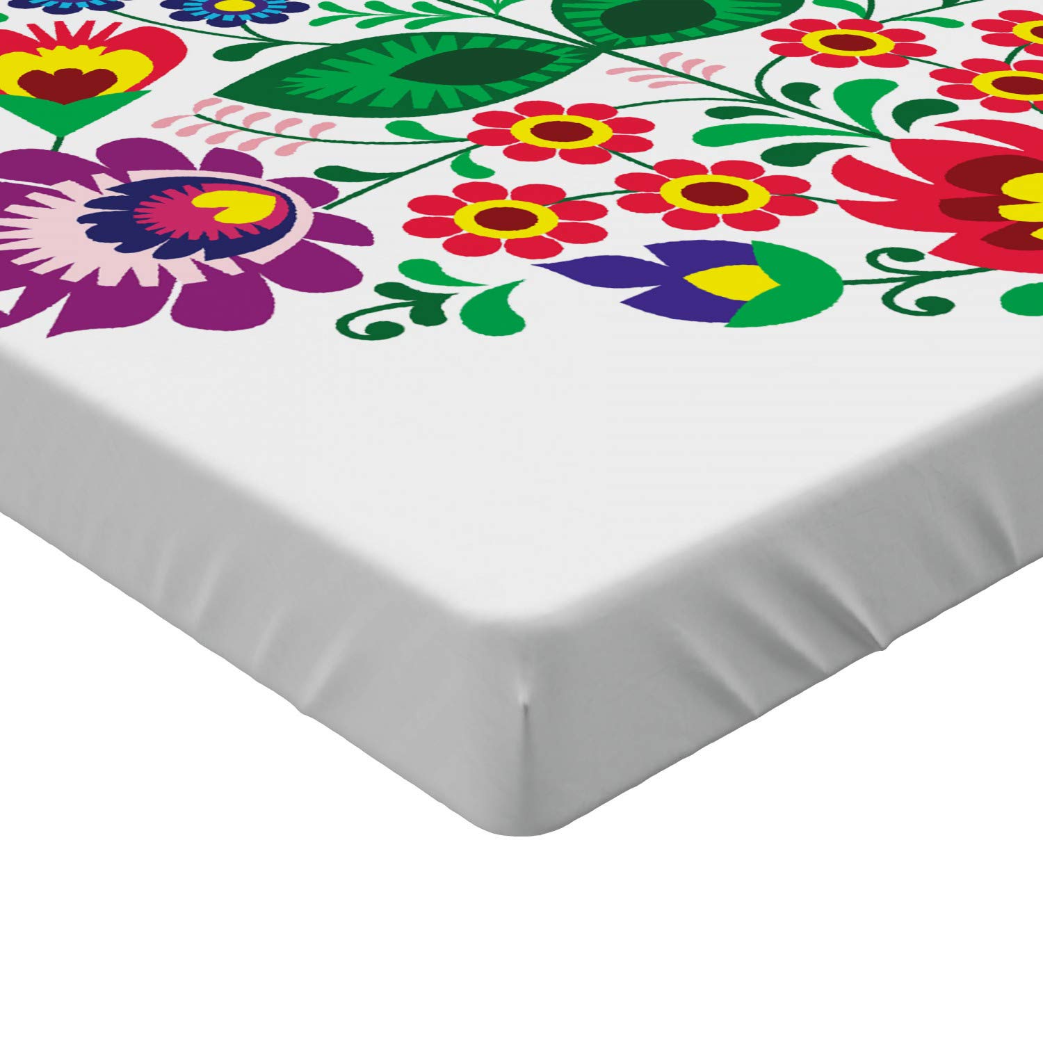 Ambesonne Polish Folk Art Fitted Sheet, Folkloric Slav Motif Graphic Shape as Heart with Colorful Spring Flowers, Bed Cover with All-Round Elastic Deep Pocket for Comfort, Twin XL Size, Green Purple