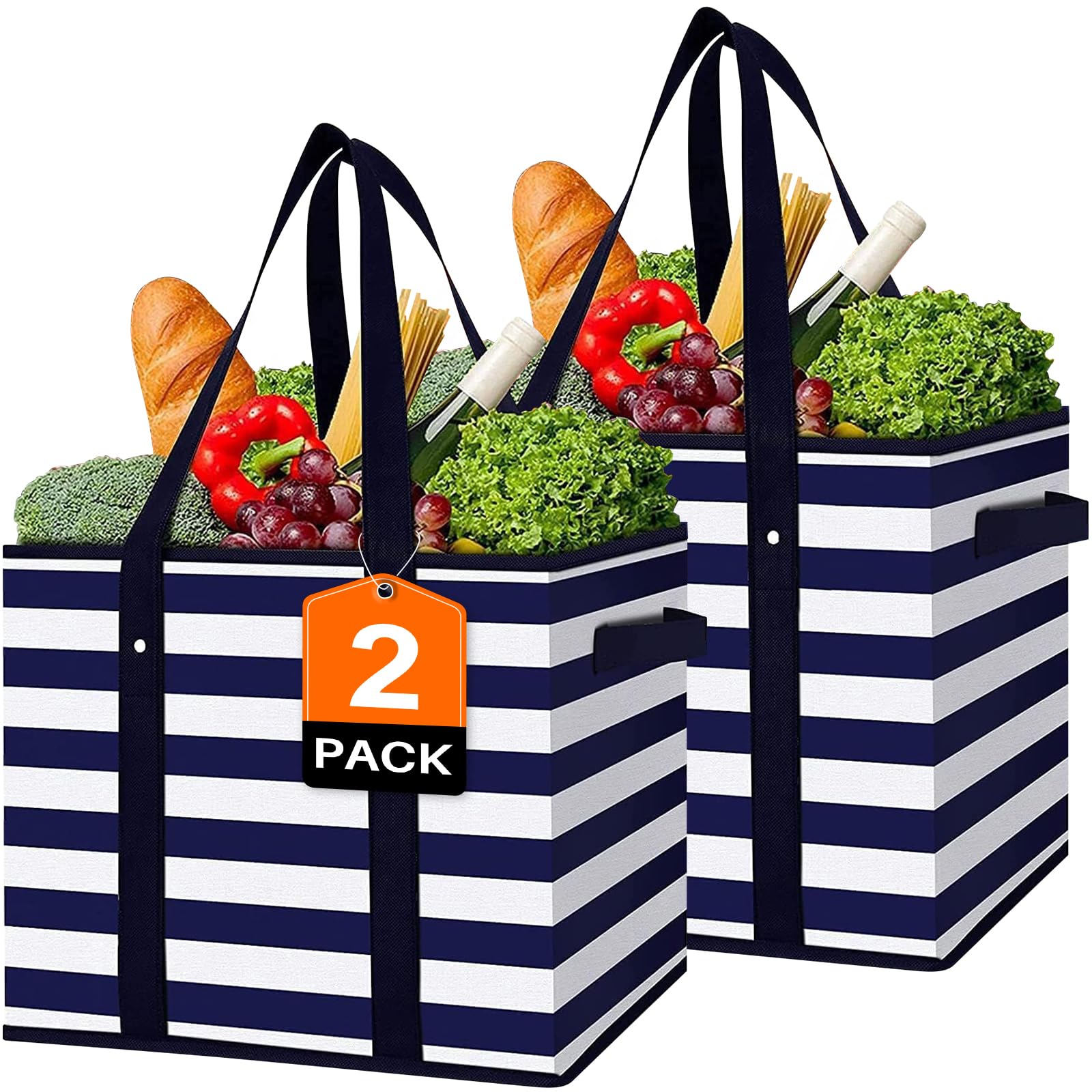WISELIFE 2 Pack Reusable Grocery Bags Large Water Resistant Grocery Collapsible Heavy Duty Tote Bags for Shopping Picnic