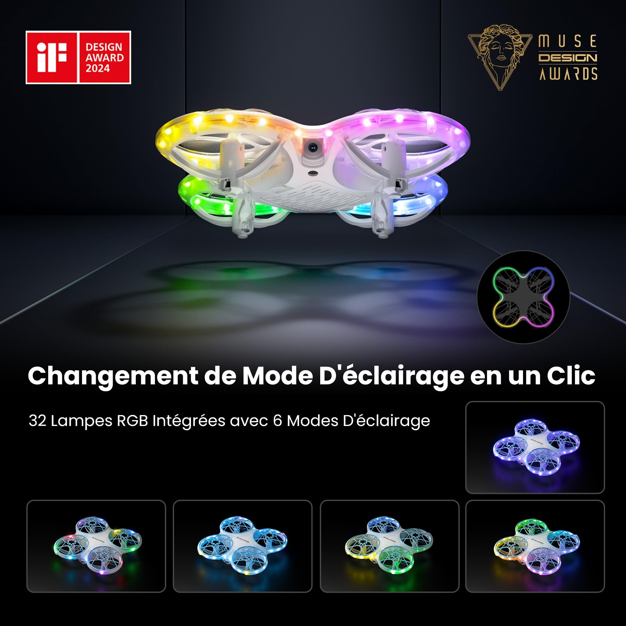 Ameta Morpho Drone avec Camera pour Enfant, 1080P FPV Mini Drones avec Module STEM/ 32 Lumière RGB/Vol Circulaire/Flip 3D/ Vol de 18min/ Buzzer de Perte, Cadeaux pour Garcon et Fille, Moins de 250g
