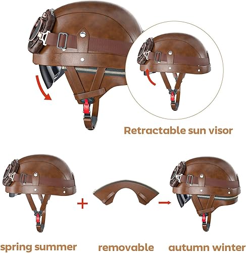 Miniatura 5 de Casco de motocicleta de estilo alemán, aprobado por DOT, de cuero, vintage, novedoso, medio casco para motocicleta con gafasvisera, forro