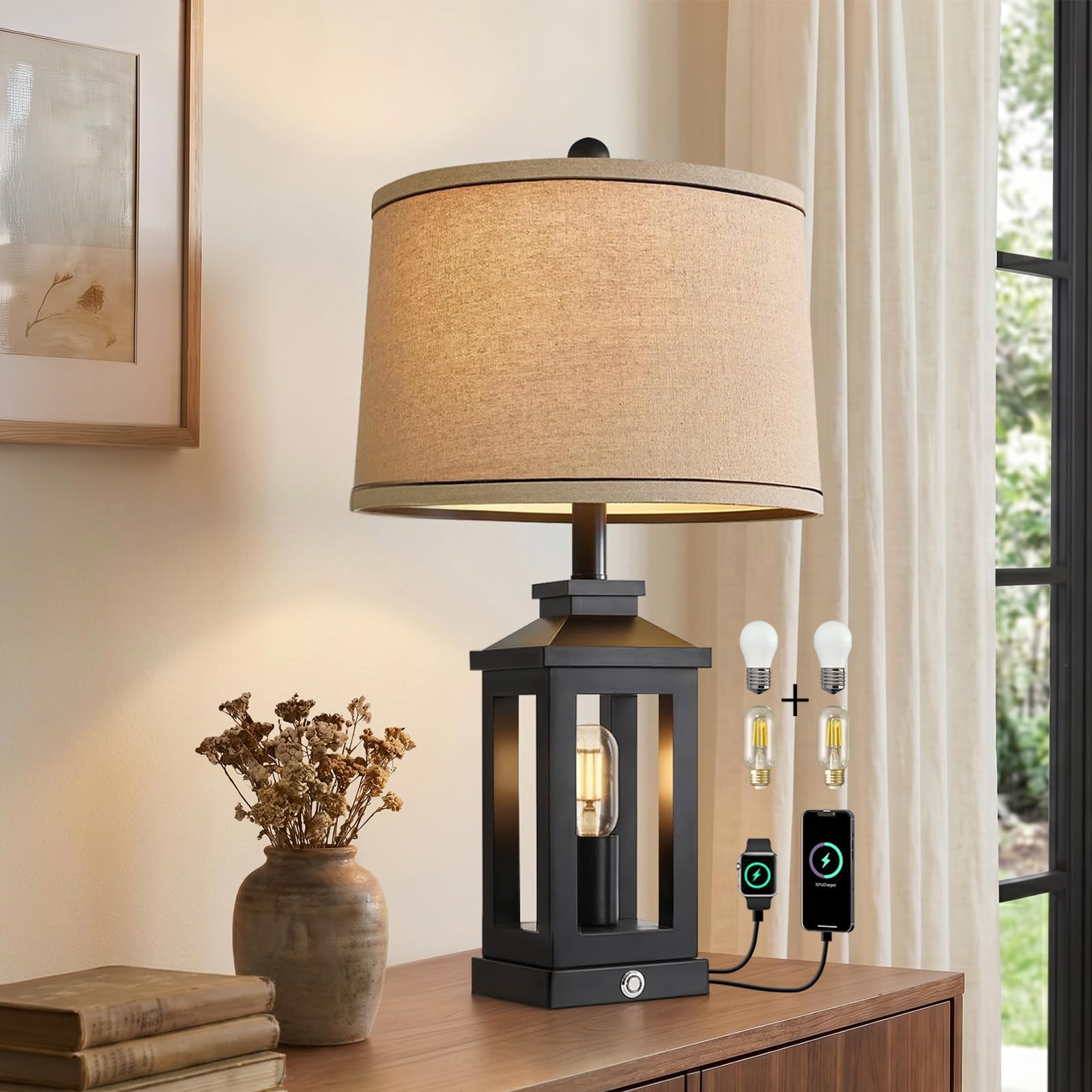 G-SAFAVA 23.75" Retro Farmhouse Black Table Lamp for Living Room Bedroom Nightstand Single Pack Touch Control Bedside Nightlight Vintage Modern Lamp with USB C+A Ports and 2 Light Sources