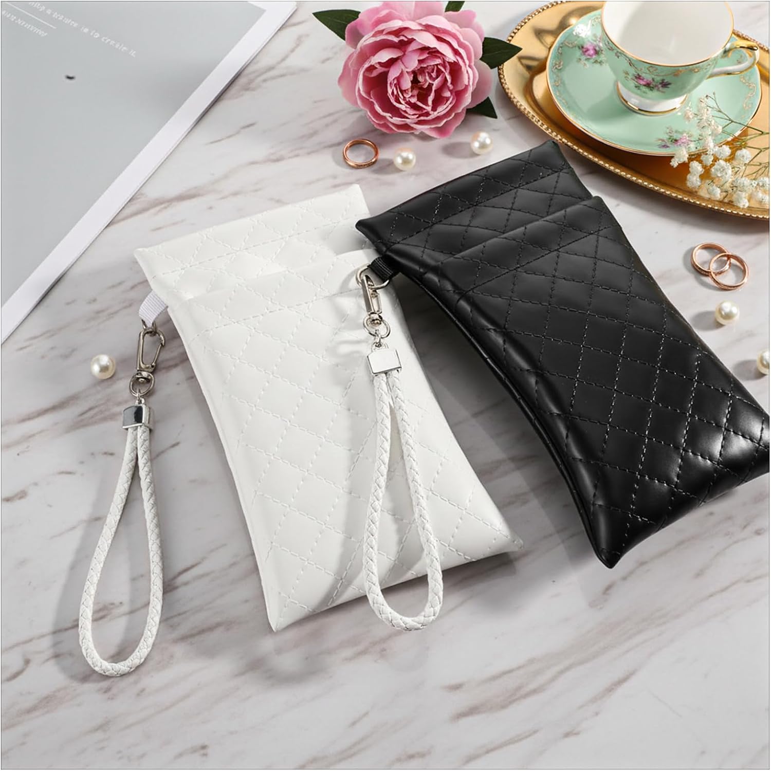 2 Pack Double Eyeglass Case, Soft Dual Glasses Case Leather Eyeglasses Pouch Travel Dual Sunglasses Case with Carrying Strap for Women Men Squeeze Top Sunglass Organizer, Beige, Black