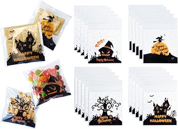 Pcavin 160 Pcs Halloween Cellophane Clear Treat Bags Self Adhesive Candy & Cookie Bags for Halloween Party Favors Supplies