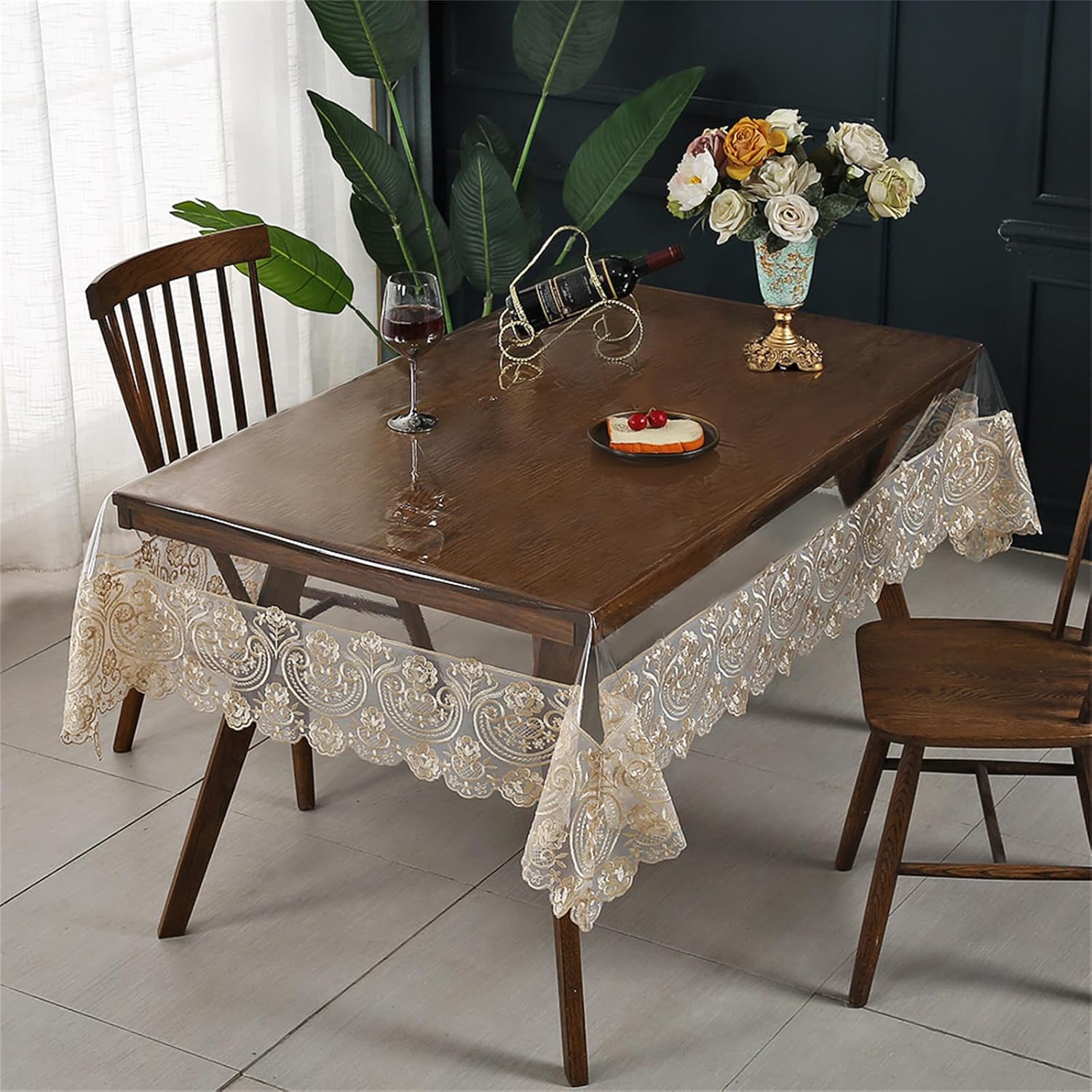 Clear Plastic Rectangle Tablecloth Vinyl Waterproof Table Cloth Embroidered Lace Edge Transparent Table Cover for Dining Kitchen Outdoor(60 x 98 inch, Coffee Style 1)