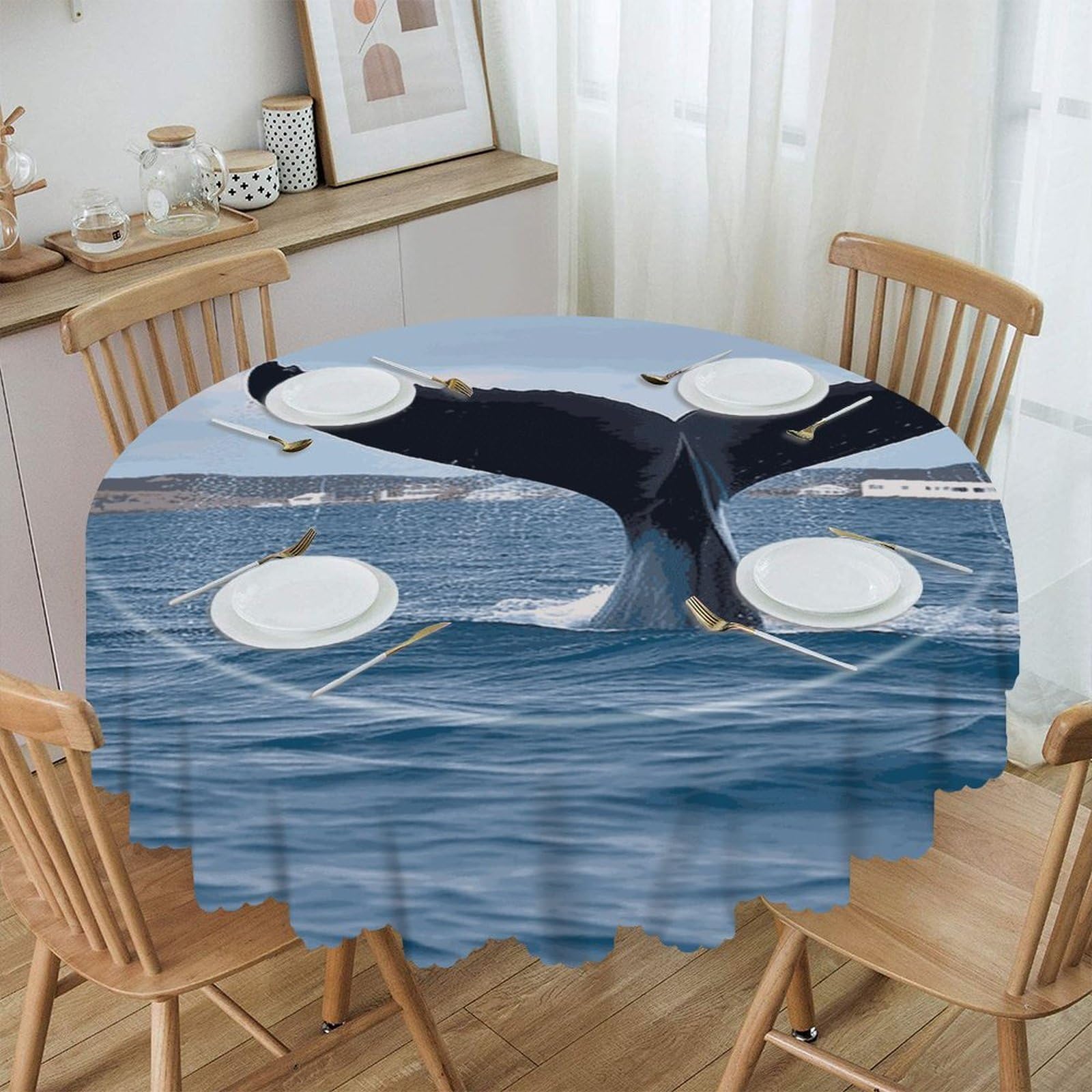 VstaDank Whale Tail Round Tablecloth 60 Inch Easy to Clean Circle Table Cover Thick Decorative Round Polyester Table Cloth for Dining Kitchen Party Farmhouse Outdoor