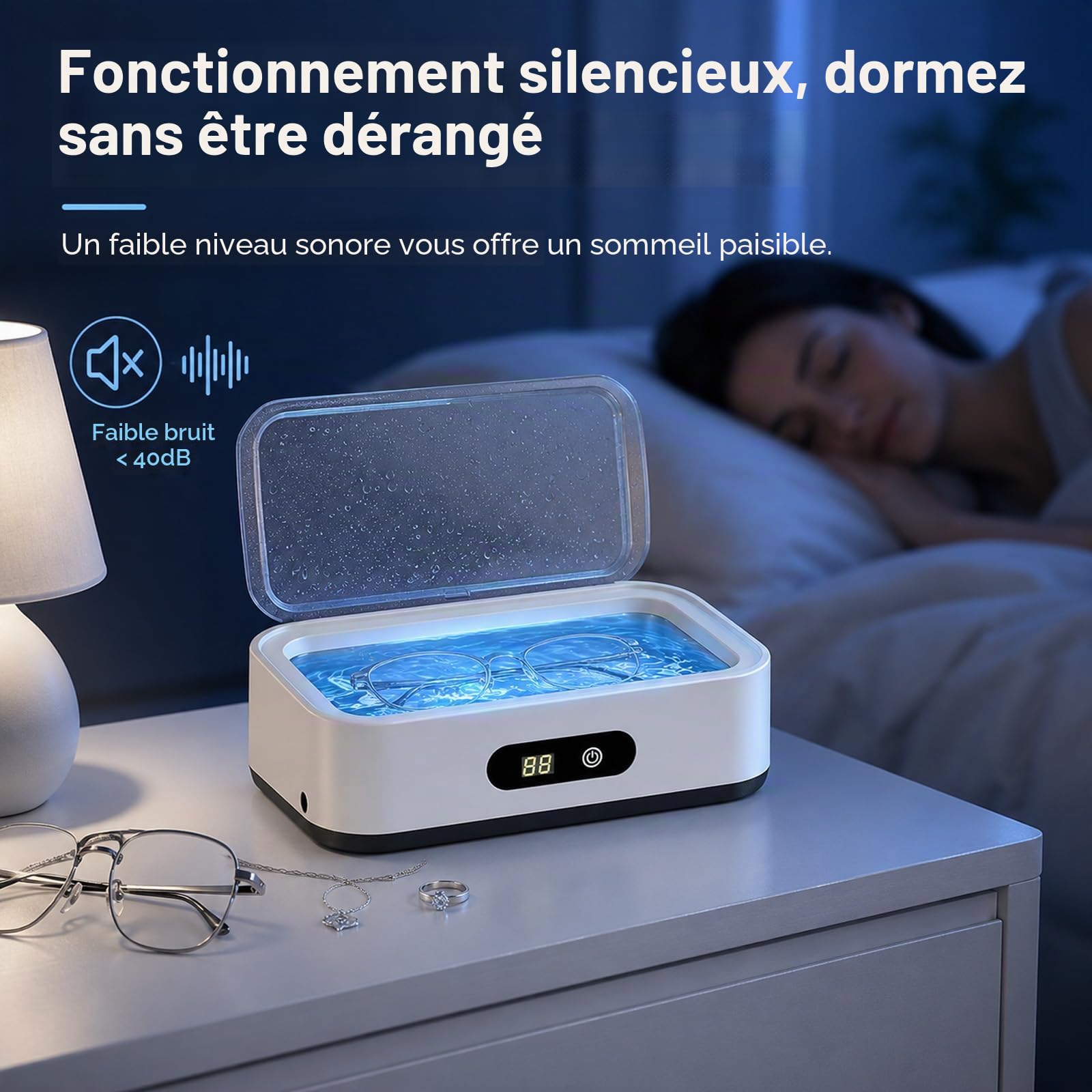 Nettoyeur Ultrasons Lunettes 650ML, Bac Ultrasons 49KHz Inox 304 | Design compact idéal à la maison ou au bureau pour garder vos lunettes et objets précieux propres.