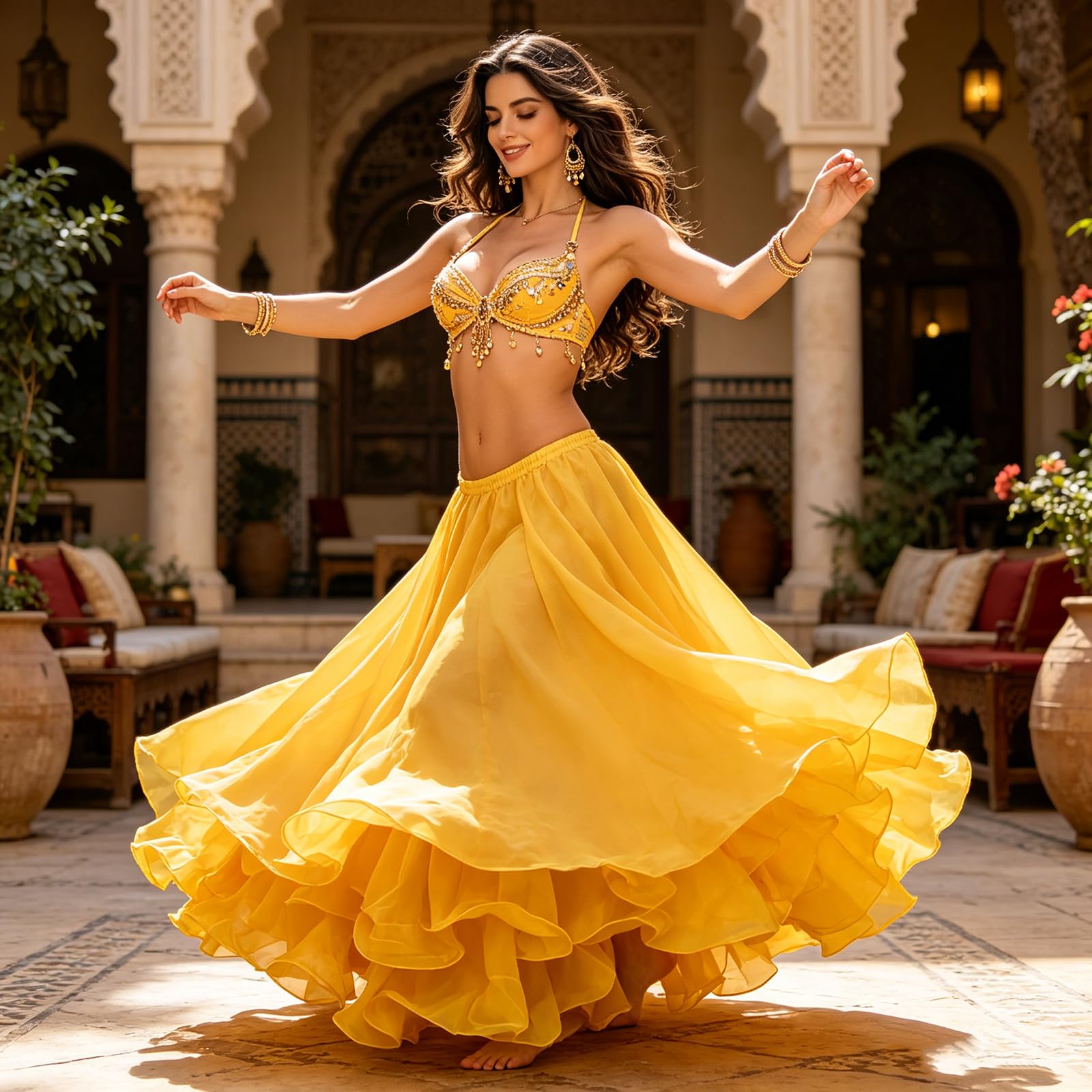 Jupe de danse orientale 3 couches en mousseline de soie pour femme