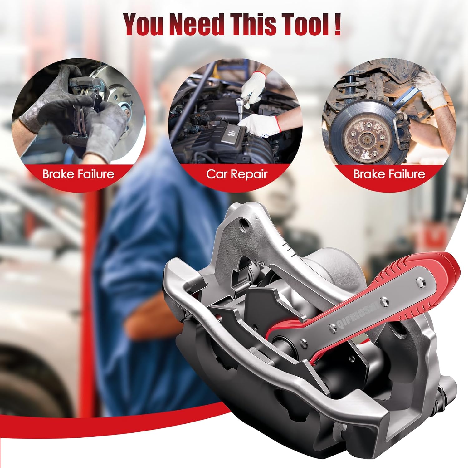 Brake Caliper Compression Tool, 4-in-1 Universal Disc Caliper Tool, 360° Swivel Ratcheting Compressor for Automotive Brake Repair and Installation, Includes 2 Rubber Hooks and Gloves (Red)