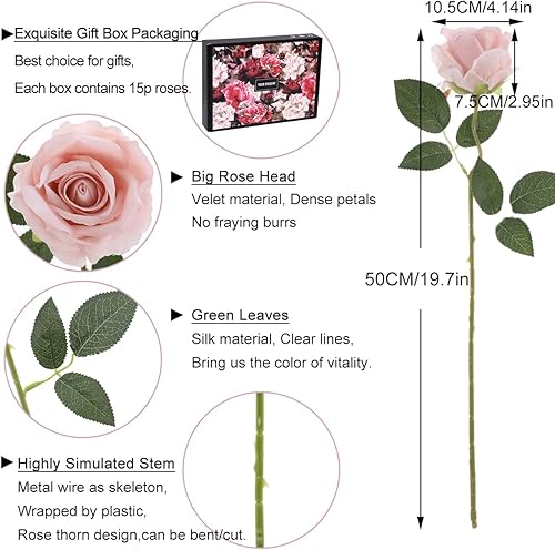 Miniatura 6 de 15 rosas artificiales de terciopelo de tallo largo para decoración del hogar y boda (rosas redondas, rosa pálido) Rosas redondas - Rosa claro