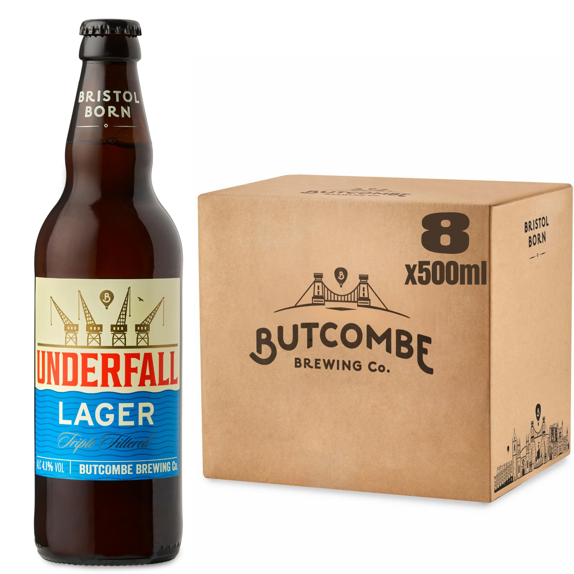Butcombe Brewery, Underfall Triple Filtered Lager Bottles, Vegan Friendly, Triple-Filtered, Unpasteurised and Unchartered, 8 x 500ml