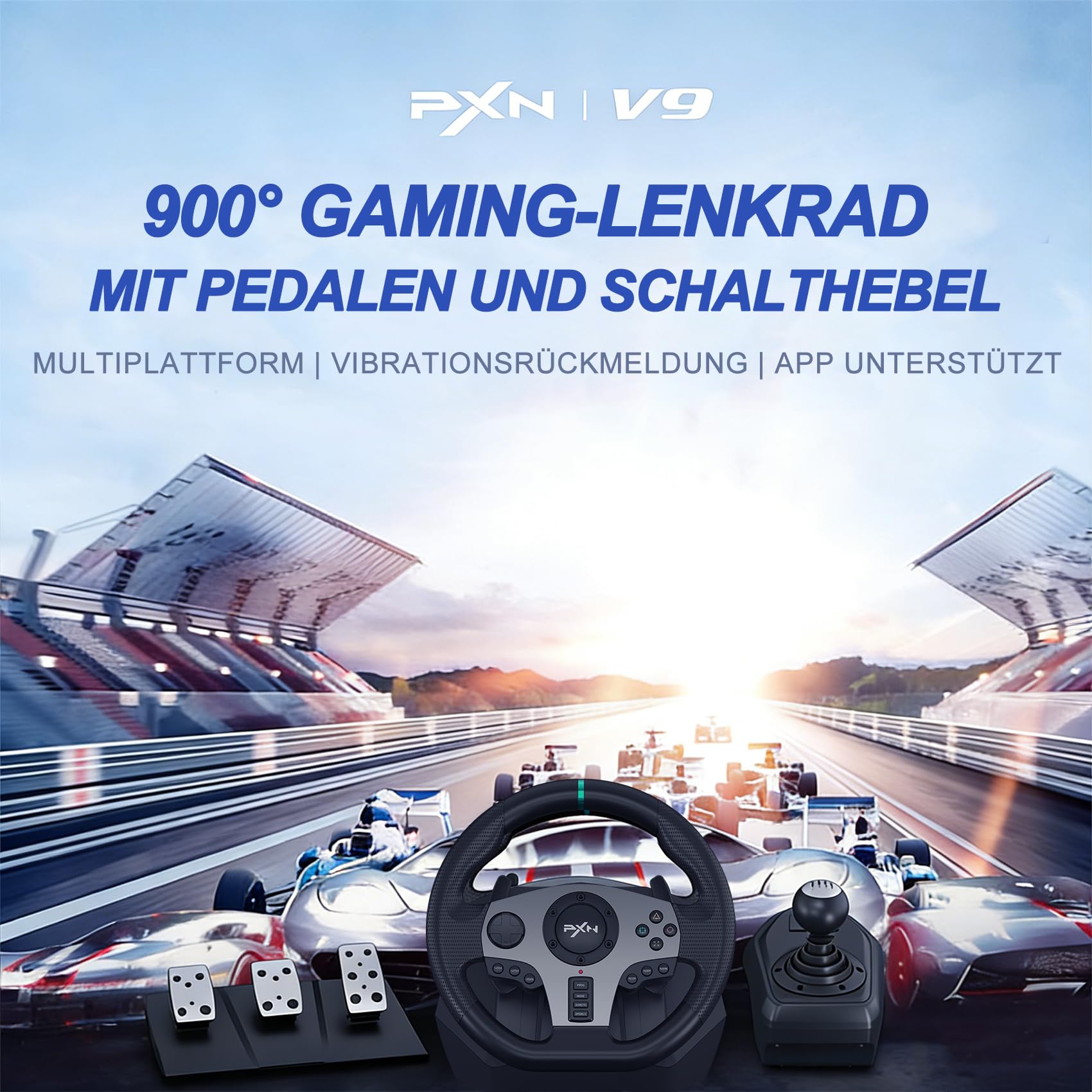 PXN V9 Gaming Lenkrad mit Pedalen und Schaltung - Lenkrad PC, 270&900 Grad, Tool-App, Vibrationsrückmeldung, Schaltwippen - für PC, Xbox, PS4, und PS3