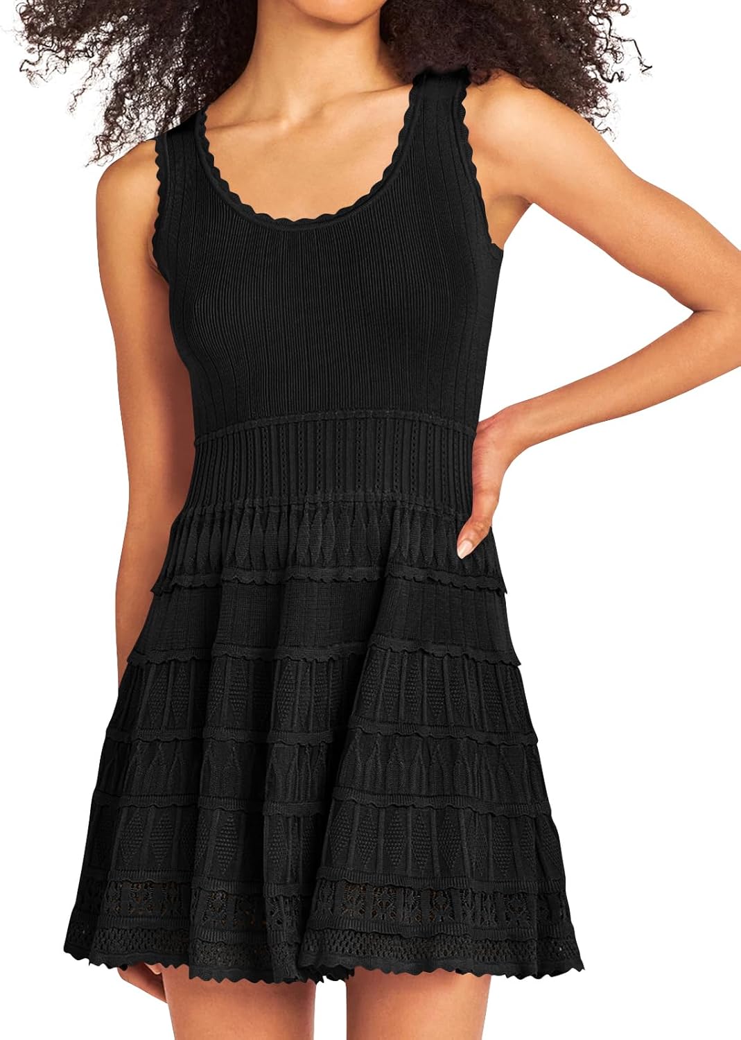 Wenrine Women's Summer Mini Dresses Sleeveless Knitted Crew Neck Casual Crochet Hem Slim Cute Tank Dress - Image 5