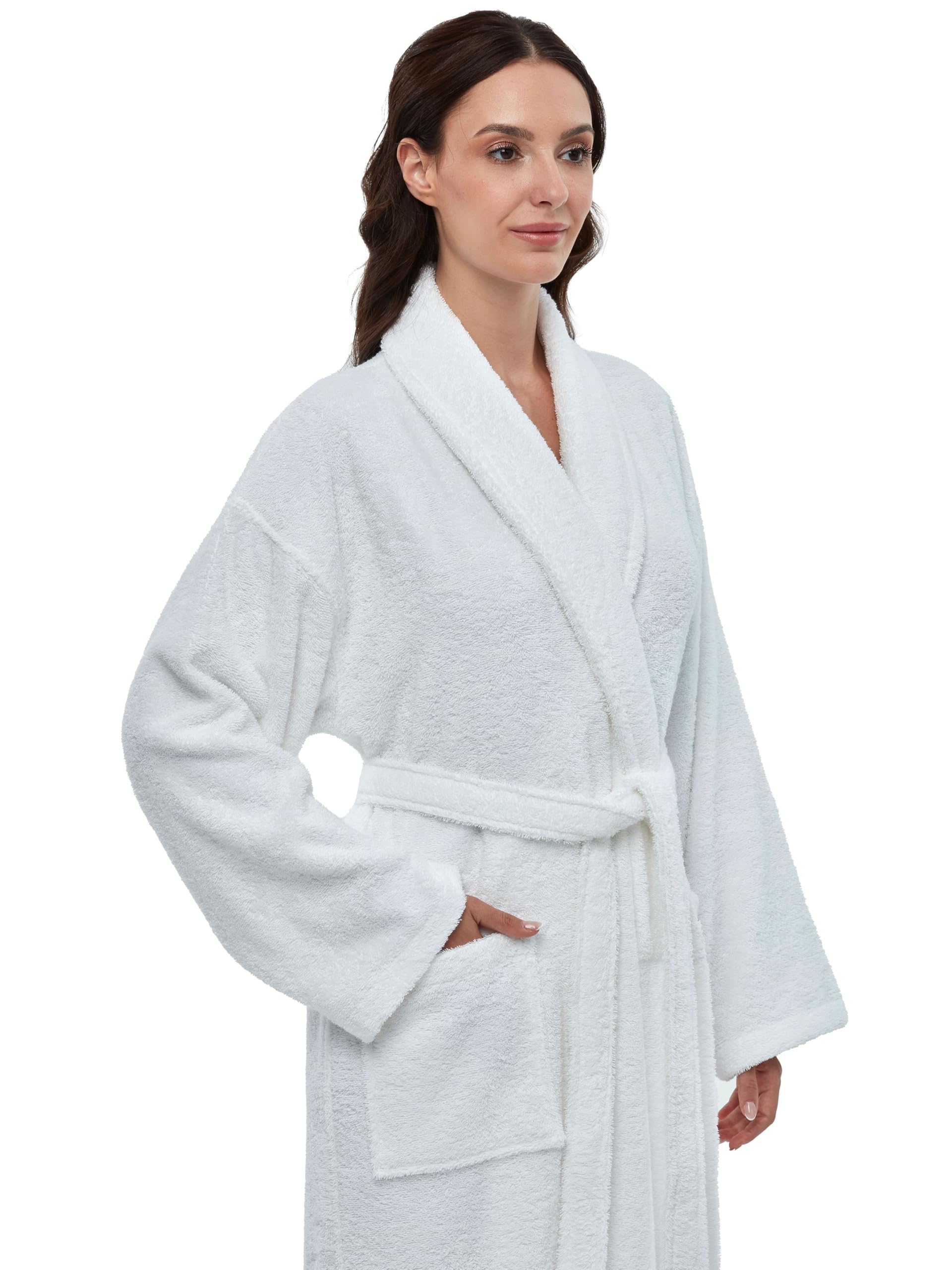 Arus Accappatoio da donna con collo a scialle, accappatoio in spugna di cotone turco, con opzioni di lunghezza regolare e intera, bianco, Large-X-Large