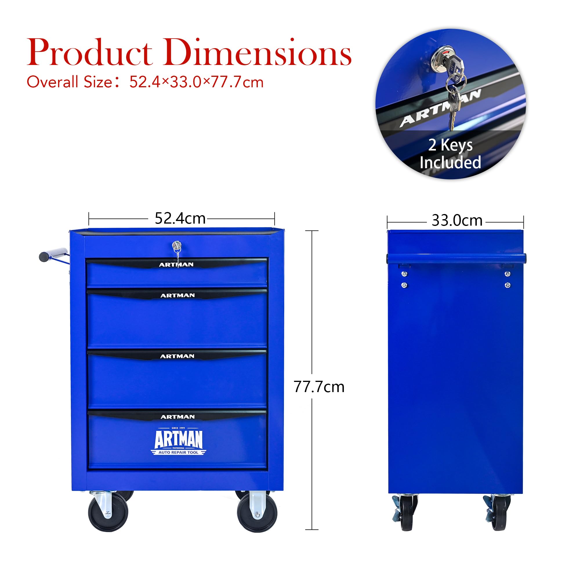Rolling Metall-Werkzeugkiste con Steel, 4 Cassetti e Ruote con Freno, Armadio per Attrezzi 20" con Guide a Sfere, Organizzatore Garage e Officina, Nero e Blu, 52.4 x 33 x 65.6 cm